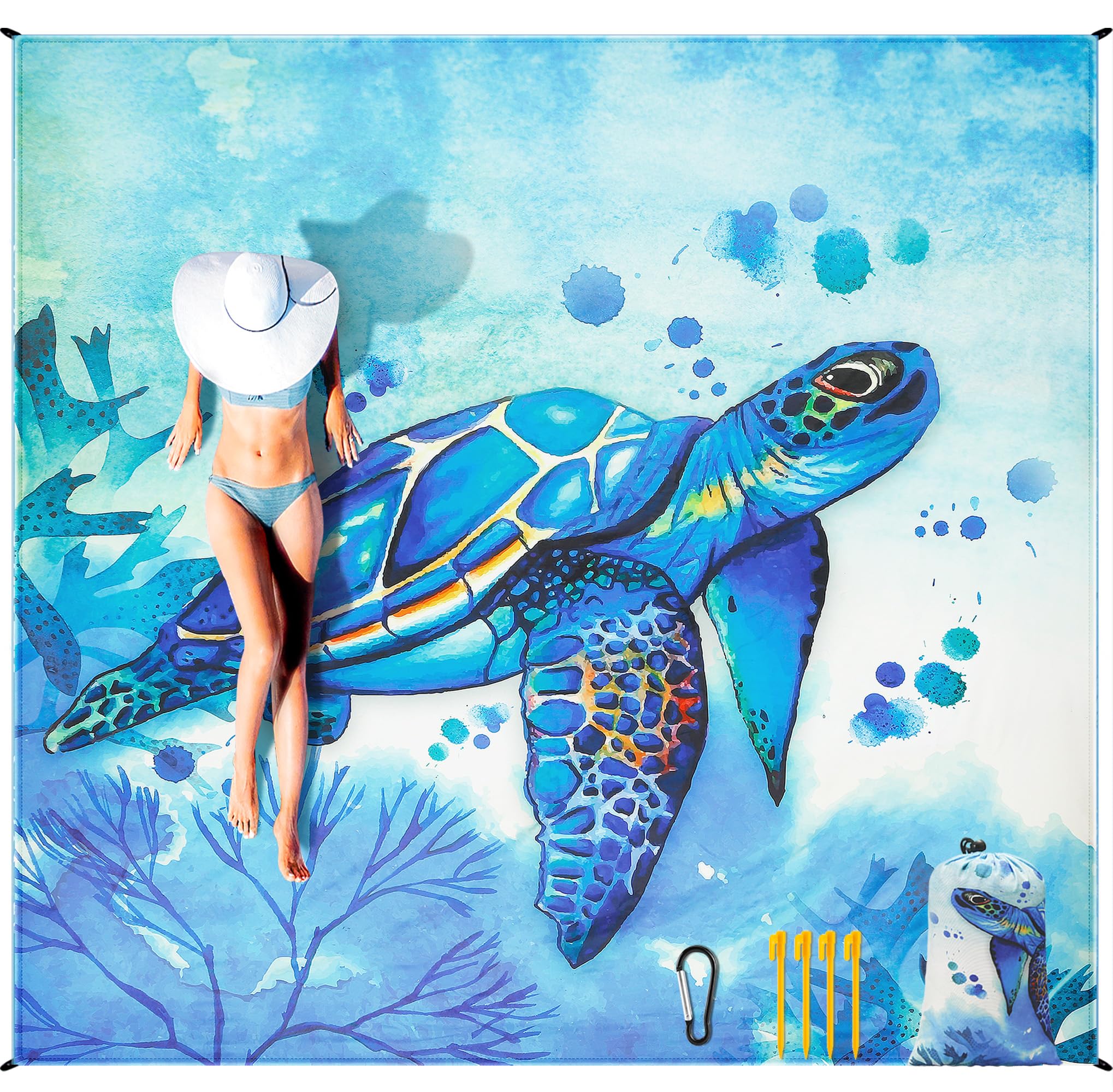 Beach Blanket, Wateresistant Sandproof Sand Free Beach Mat with Corner Pockets Portable Bag for Beach Festival,Picnic,Travel and Outdoor Camping Activties (BL-Seaturtle, 79"×83"(4 Person))