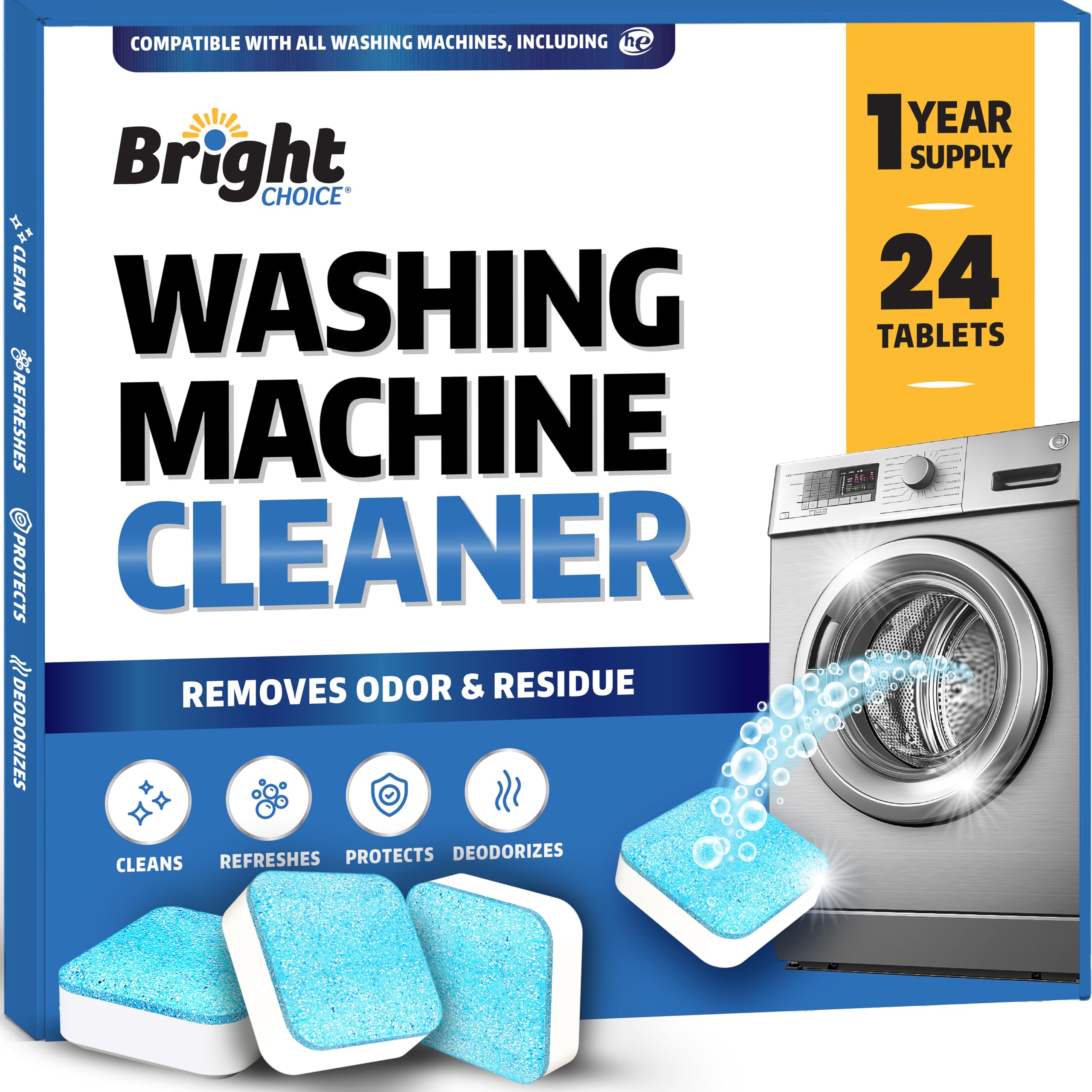 washing machine cleaner tablets 24 pack - deep cleaning tablets for front amp top load works with he washers removes residue odor amp pet hair - 12 month supply of washer cleaner descalers septic safe