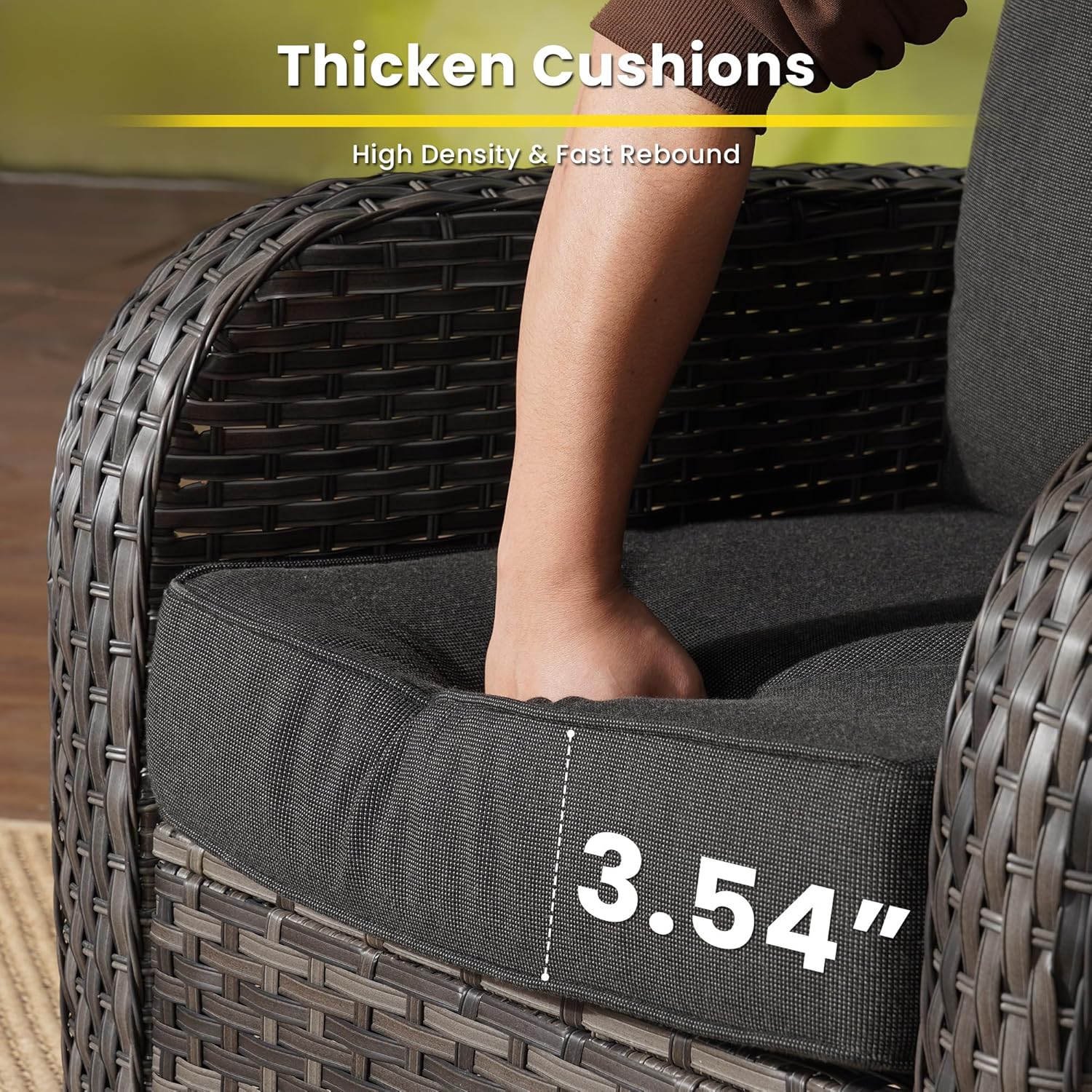 9 Pieces Patio Furniture Set Outdoor Wicker Conversation Sets with 54" Fire Pit Table and Swivel Rocking Chairs with Glass Table for Balcony Backyard Pool Garden Lawn,Black Cushion