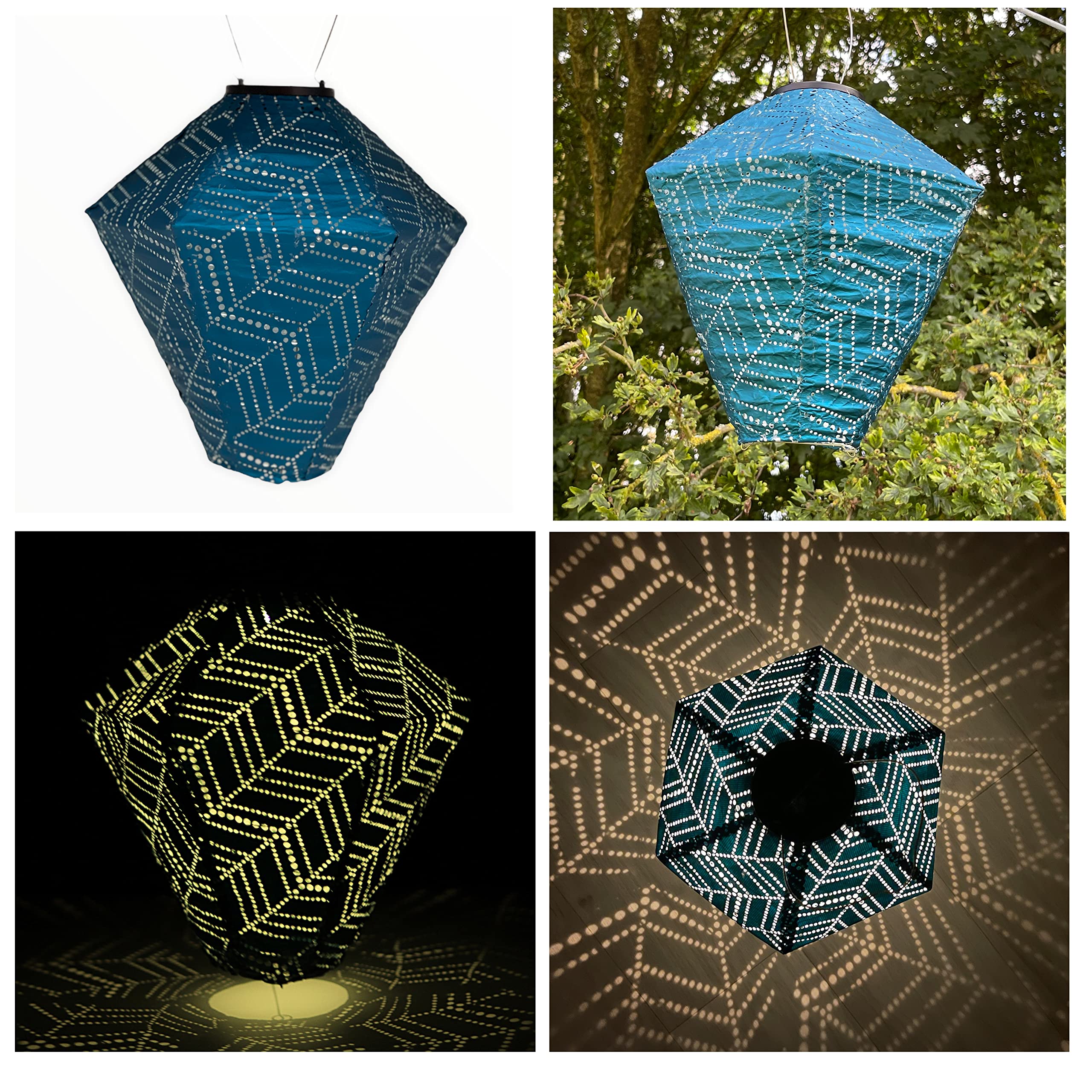 Single Solar Lantern Diamond Diameter 28 cm Height 28 cm Deep Blue/Green Dotted Zigzag Made from Tyvek Lantern with Solar Panel and Rechargeable Batteries