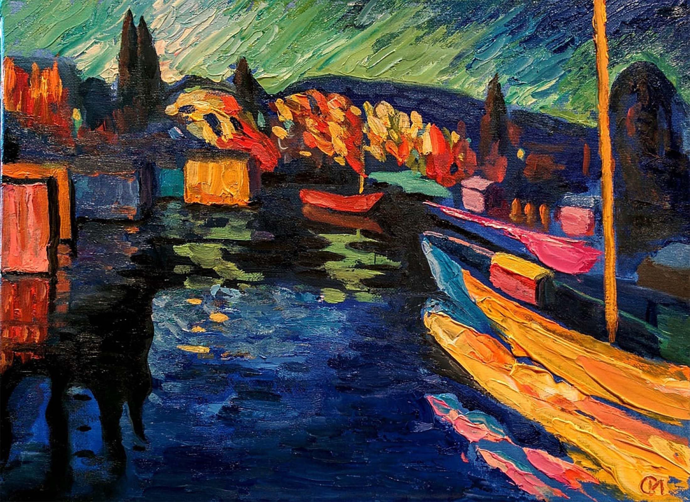 Pintura mural decorativa de paisaje otoñal con barcos para renovar el salón moderno 5