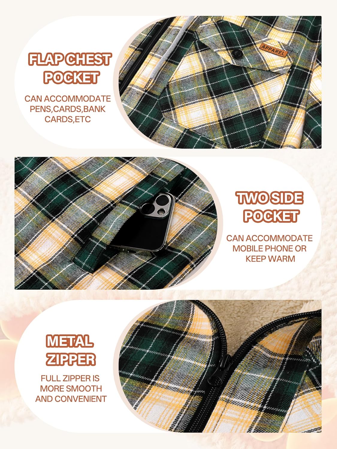 ZITY Mens Cotton Plaid Shirts Jacket Flannel Fleece Lined Hoodies Sherpa Zip Up Hoodie with Pocket - Image 6