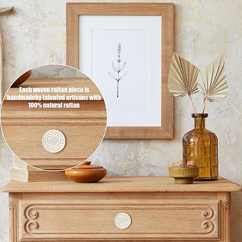 Miniatura 3 de 10 pomos de ratán bohemio para gabinete, tiradores de cajones de madera natural con 10 tornillos para aparador, muebles de cocina, cuarto de bebé