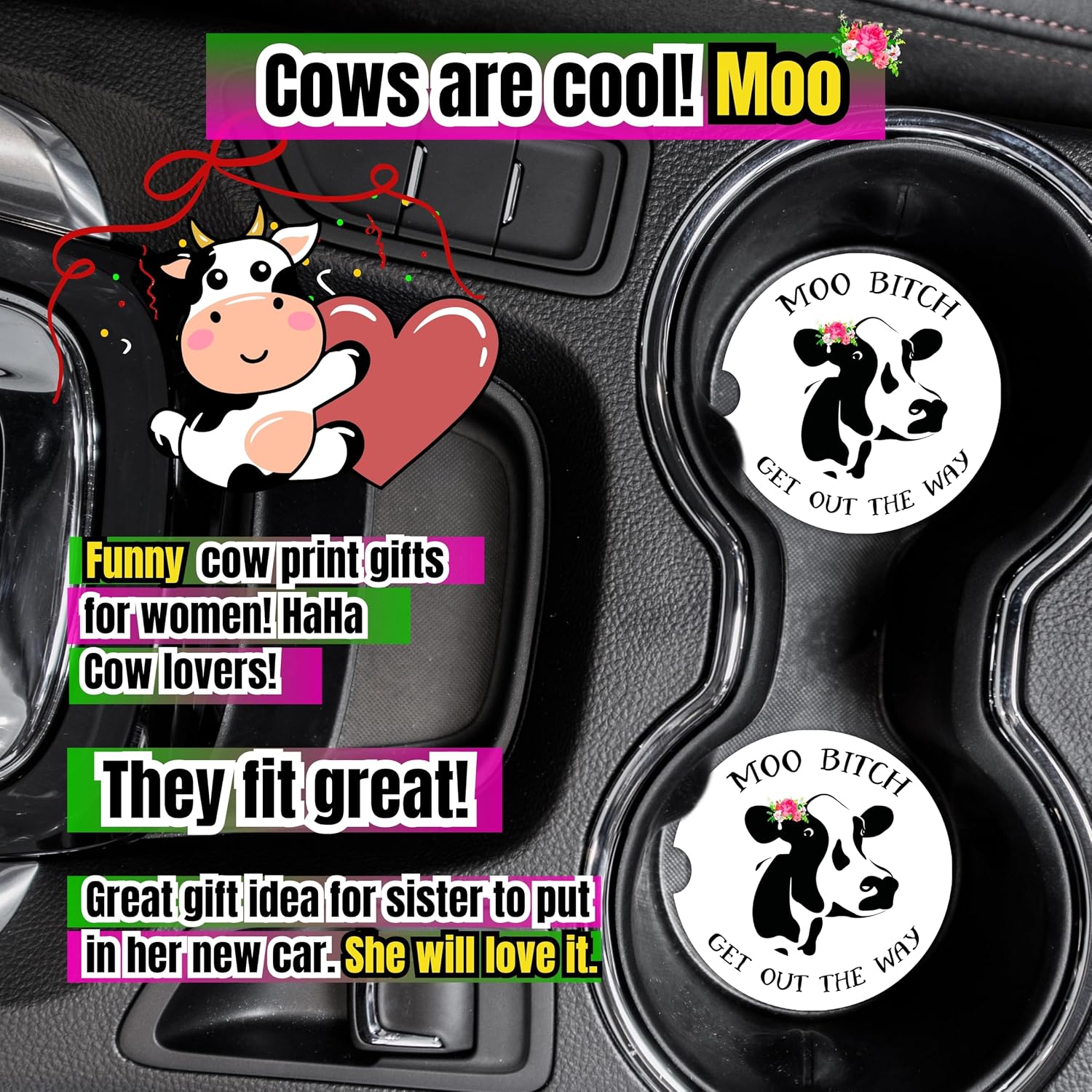 Cow Car Coasters for Cup Holders - 2 Pack Cute Cow Print Car Accessories for Women, Funny Highland Cows Stuff Decor, Absorbent Ceramic Cup Holder Coaster for Car to Keep Clean, Country Western Gift