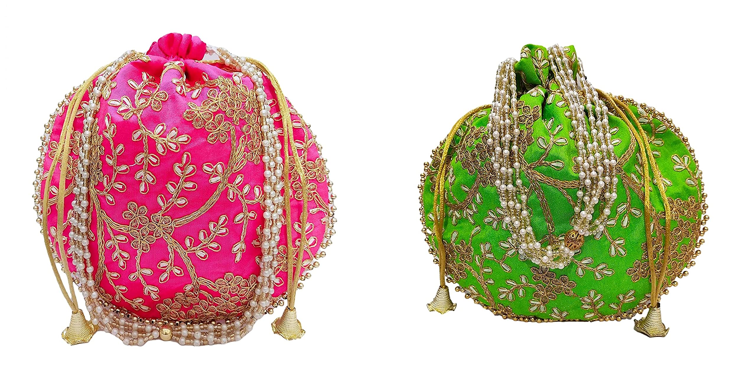 athizay Potli bag (Pack of 2 Potli) Light Green and Rani Matka Designer Potli handbags for Women and Girls wedding party and Return gift potli bags for party accessories .Outer Golden Embroidered Design-picture-10