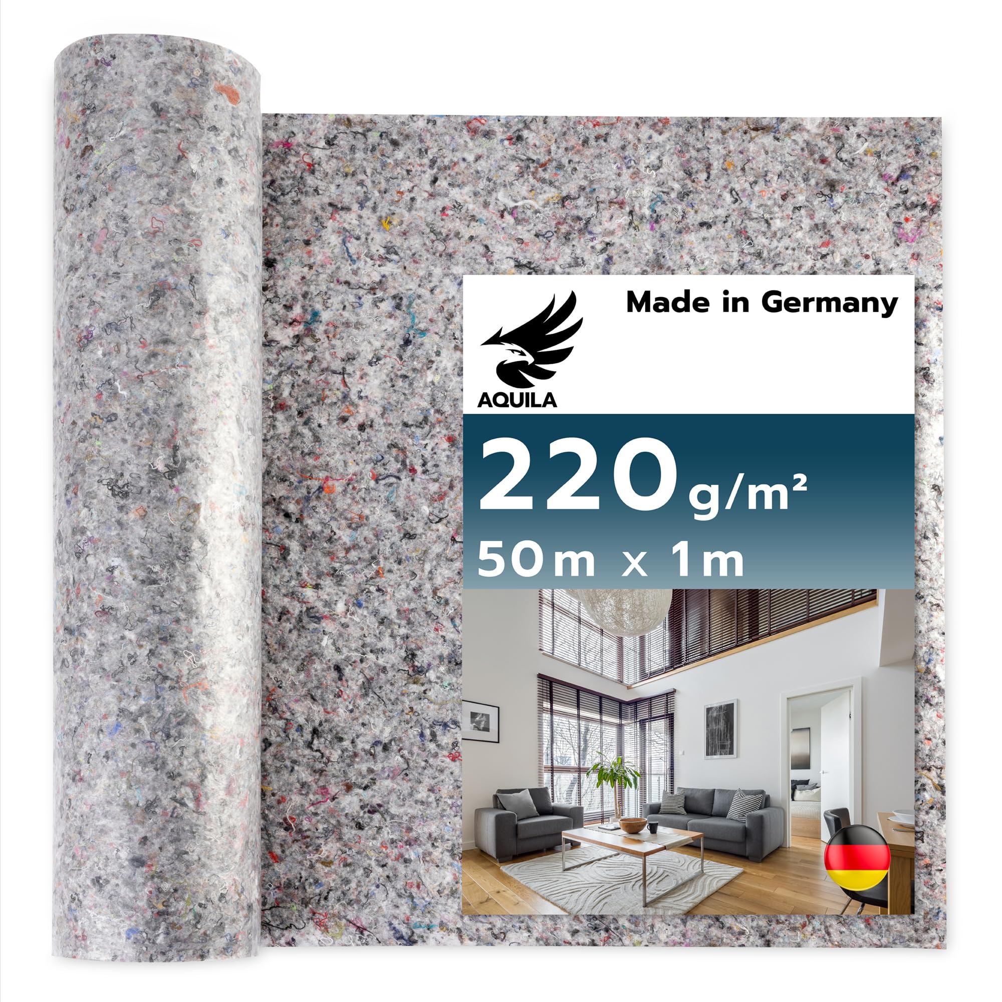 AQUILA Profi Malervlies 50m x 1m, 220 g/m², Kein Durchsickern, hochwertiges Abdeckvlies zum Streichen, Schutz für Böden & Möbel, rutsch- & reißfest, Made in Germany
