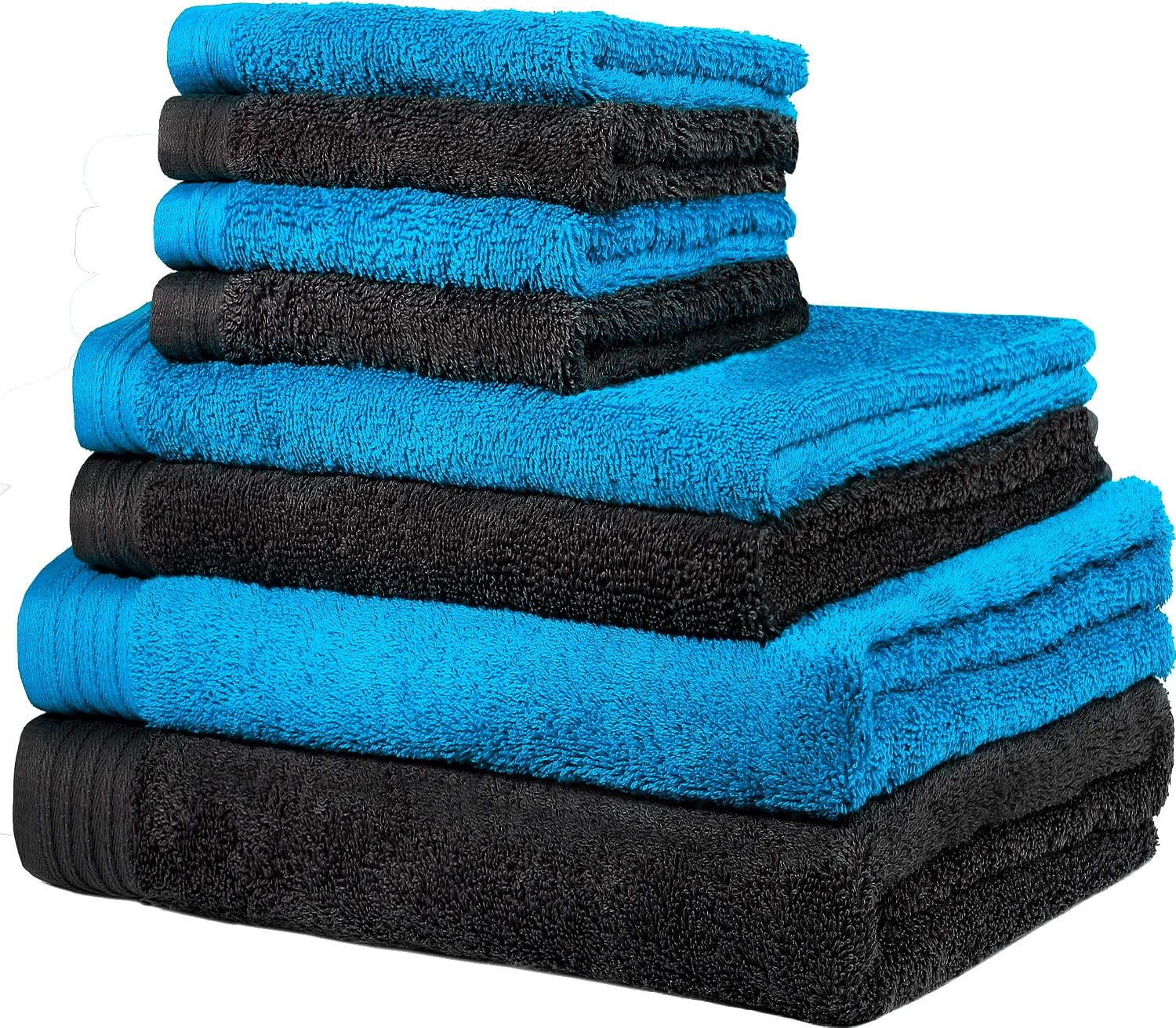 WEIDEMANS Premium 100% Cotton Towels | 2 Bath Towels 30" x 56", 2 Hand Towels 18" x 30" & 4 Washcloths 13" x 13" | Black & Petrol Hand Towels | 8 Ultra Soft & Highly Absorbent Hand Towels for Bathroom