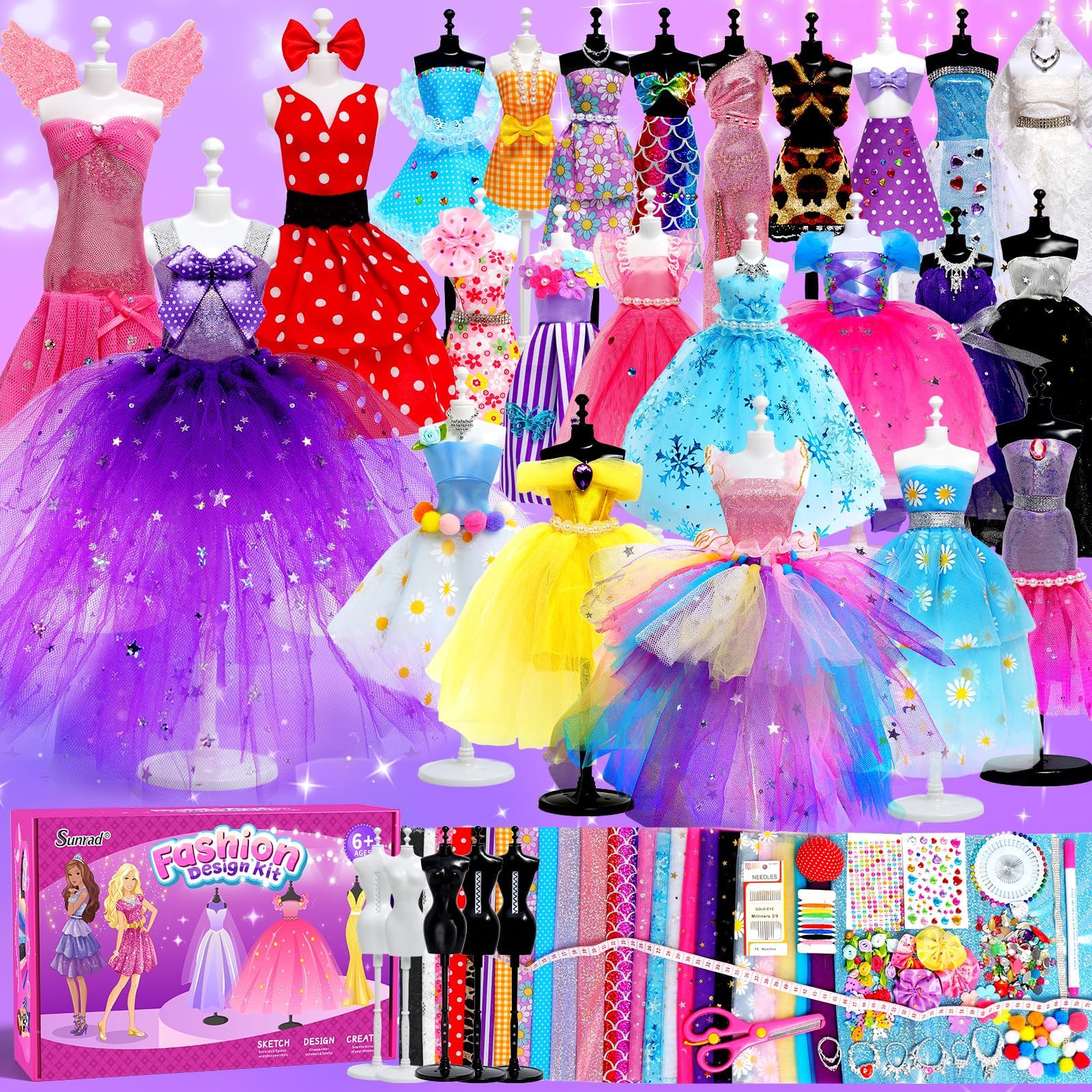 Sunrad 1000+ Pcs Fashion Designer Kit for Girls with 5 Mannequins,DIY Arts & Crafts Kit Learning Toys Sewing Kit for Kids,Learning Toys Sewing Kit for Teen Girls Birthday Gift Age 6 7 8 9 10 11 12+