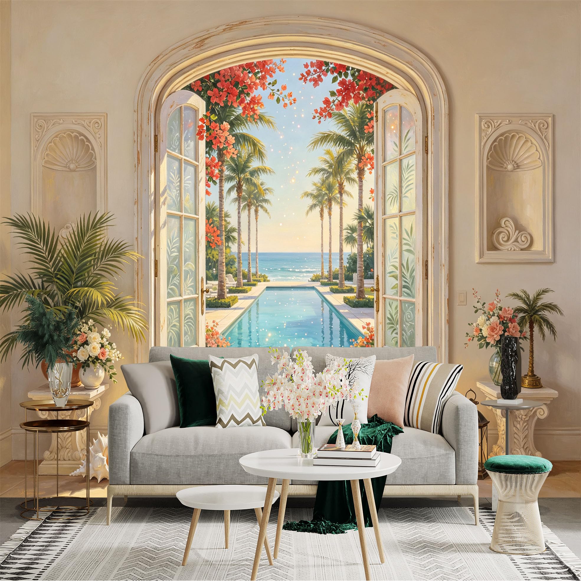 Custom Size Wall Sticker Mural， Tropical Pool View with Palm Trees， Coastal Resort Archway， Ocean Sunset Scene， for wall Decoration， peelandstick wall Decals.