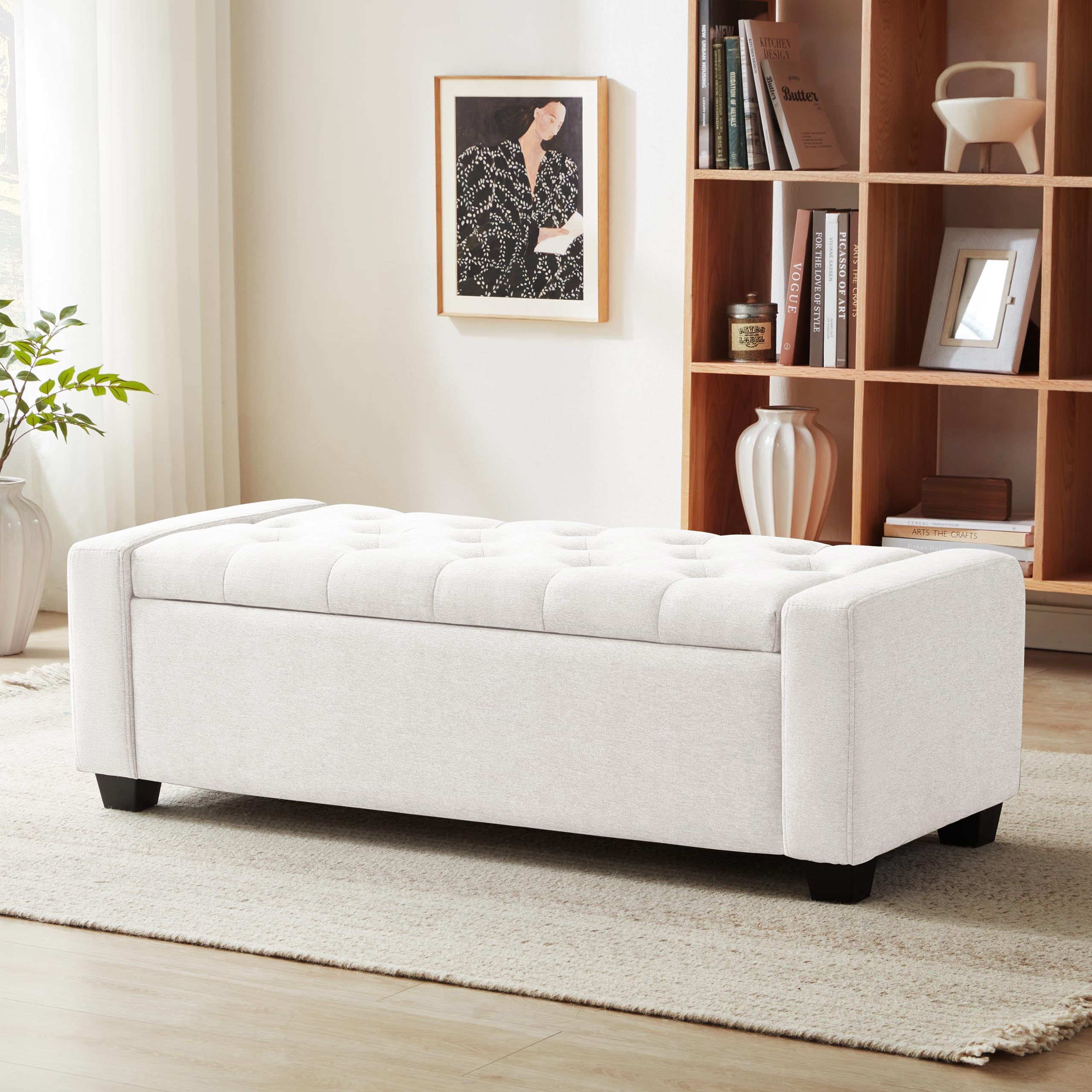 Huatean Home 48" Ottoman with Storage, White Storage Ottoman Bench with Safety Hinge, Upholstered Entryway Bench with Seating for Bedroom, Living Room, Holds up to 330 lb