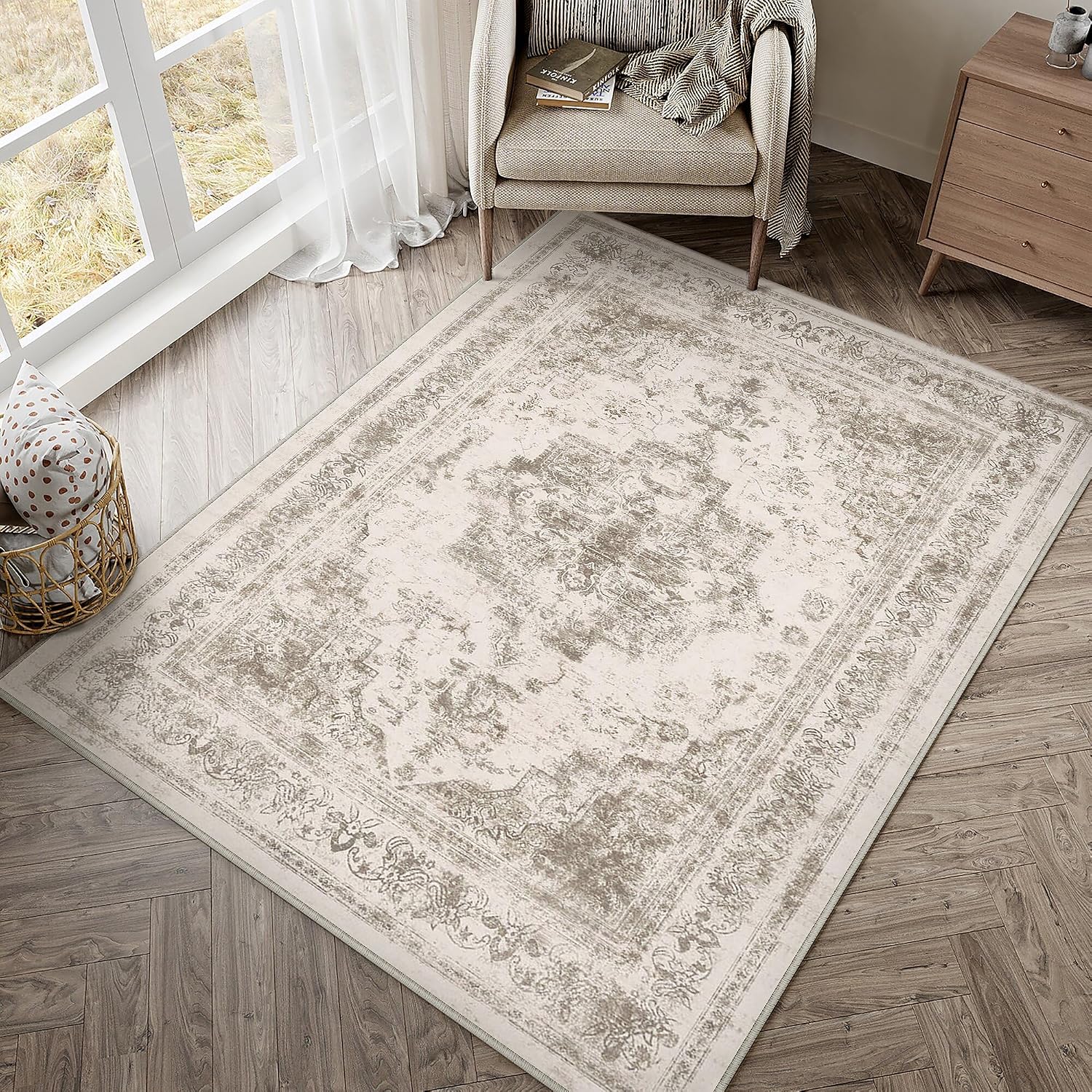 HUGEAR Alfombra Salon Beige Antideslizante Alfombras Lavables en Lavadora Tapetes para Sala 90x150cm Habitacion Dormitorio Comedor Flor Vintage Grande Tapete Pelo Corto tapete Quarto