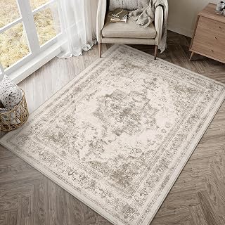 HUGEAR Vintage Hellbraun Waschbarer Teppich Wohnzimmer 90x150cm Retro Rugs for Living Room Weich rutschfest Beige Tepich Kurzflor Schlafzimmer Carpet Living Room Bedroom Esszimmer Teppiche Büro