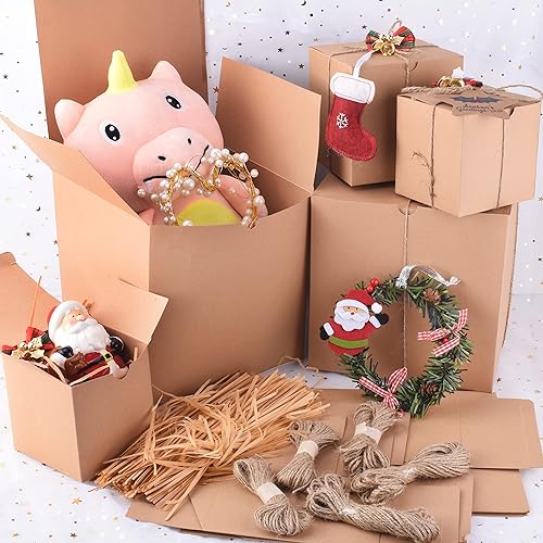 Miniatura 7 de JOYIN 30 cajas de regalo surtidas con relleno de papel de rafia y cordeles de hierba, cajas de regalo de papel kraft marrón navideño para el día de