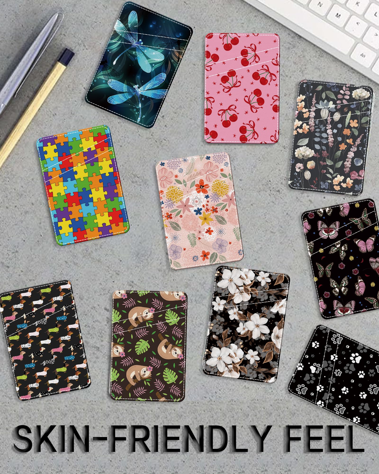 Tarjetero para teléfono, doble bolsillo, de cuero, adhesivo, bonito tarjetero, tarjetero para funda de teléfono, diseño floral