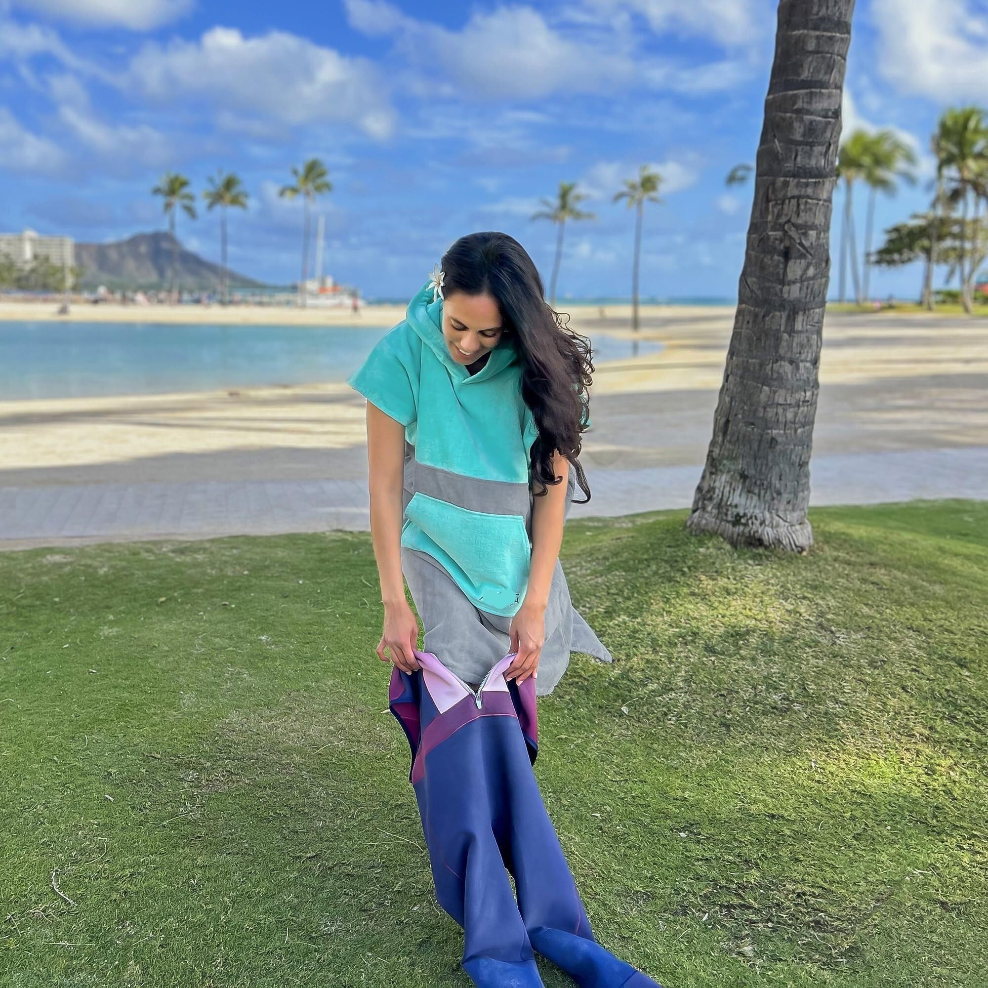 Generico Accappatoio Poncho Poncho Da Surf Donna - Asciugamano Con Cappuccio For Adulti For Cambio In Cotone Telo Mare Spiaggia, Piscina, Barca(Turquoise/Gray)
