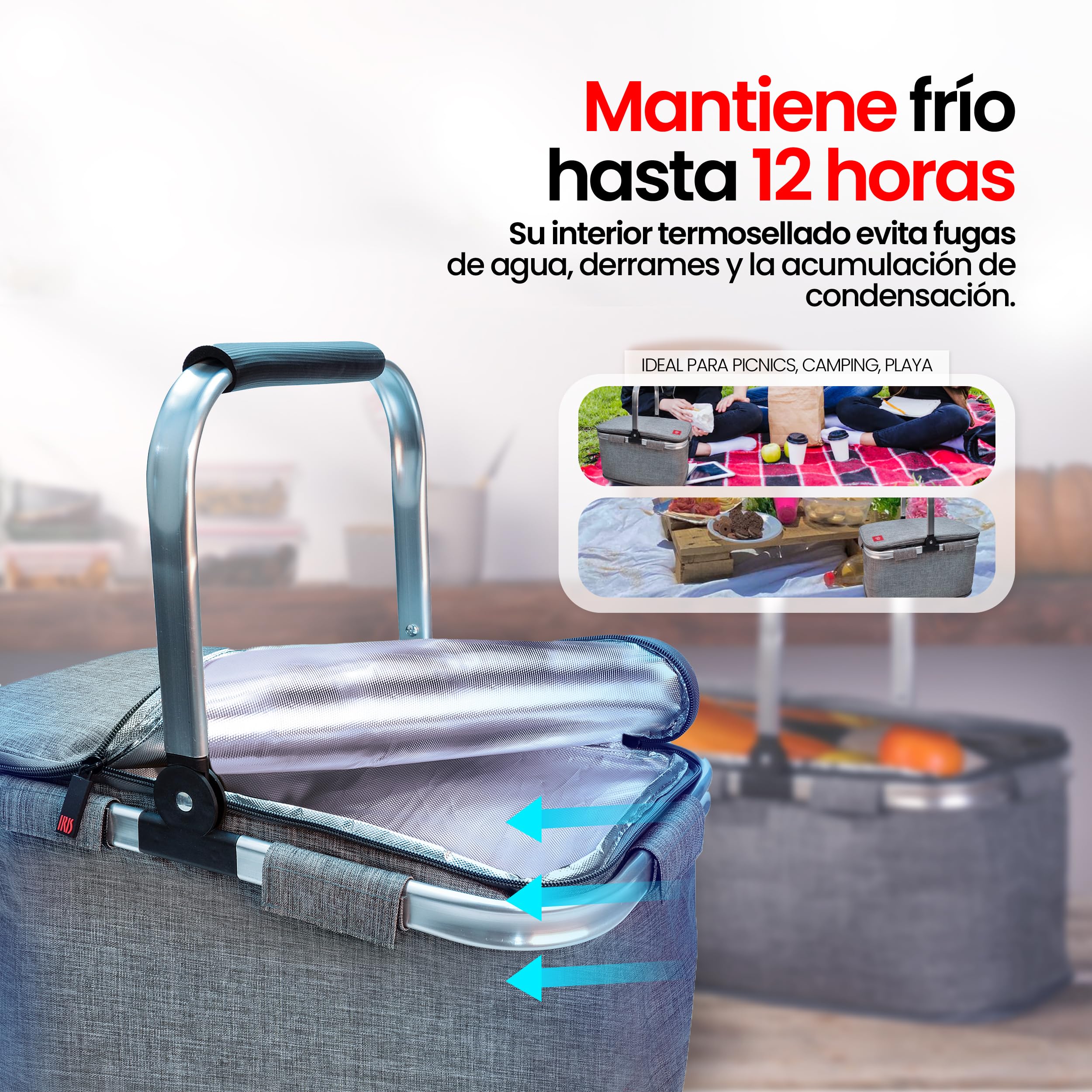 IRIS BARCELONA - Cesta Picnic Plegable, Cesta Térmica para Llevar Comida y Bebida a la Playa, Piscina, Excursión, Picnic Basket 20 l Gris Jaspeado