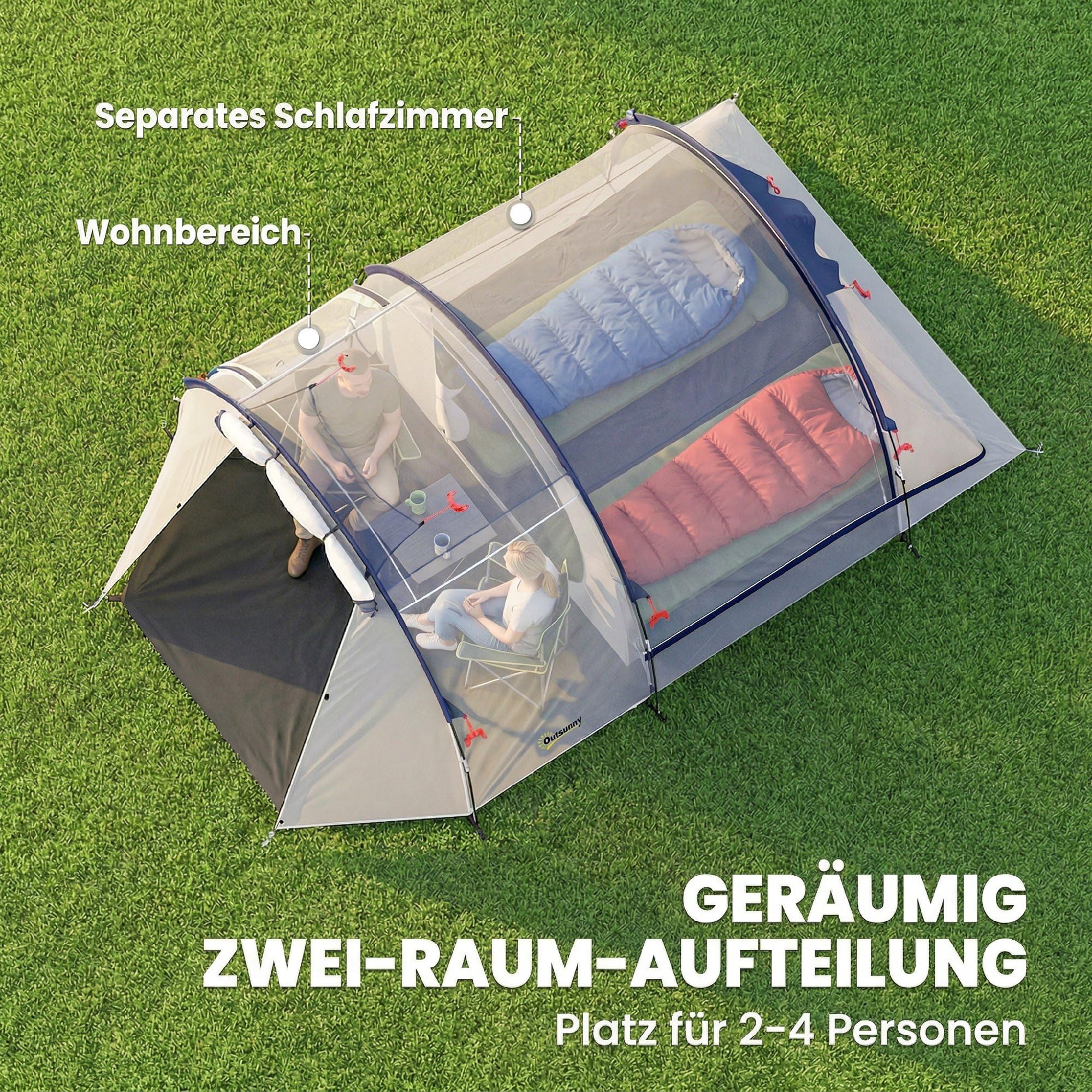 Outsunny Tunnelzelt 4 Personen Familienzelt mit Schlaf- und Wohnzimmer Fenstern Bodenplane Stehhöhe 3000 mm Wassersäule, wasserdicht Campingzelt mit Tragetasche Camping Zelt Marineblau+Cremeweiß