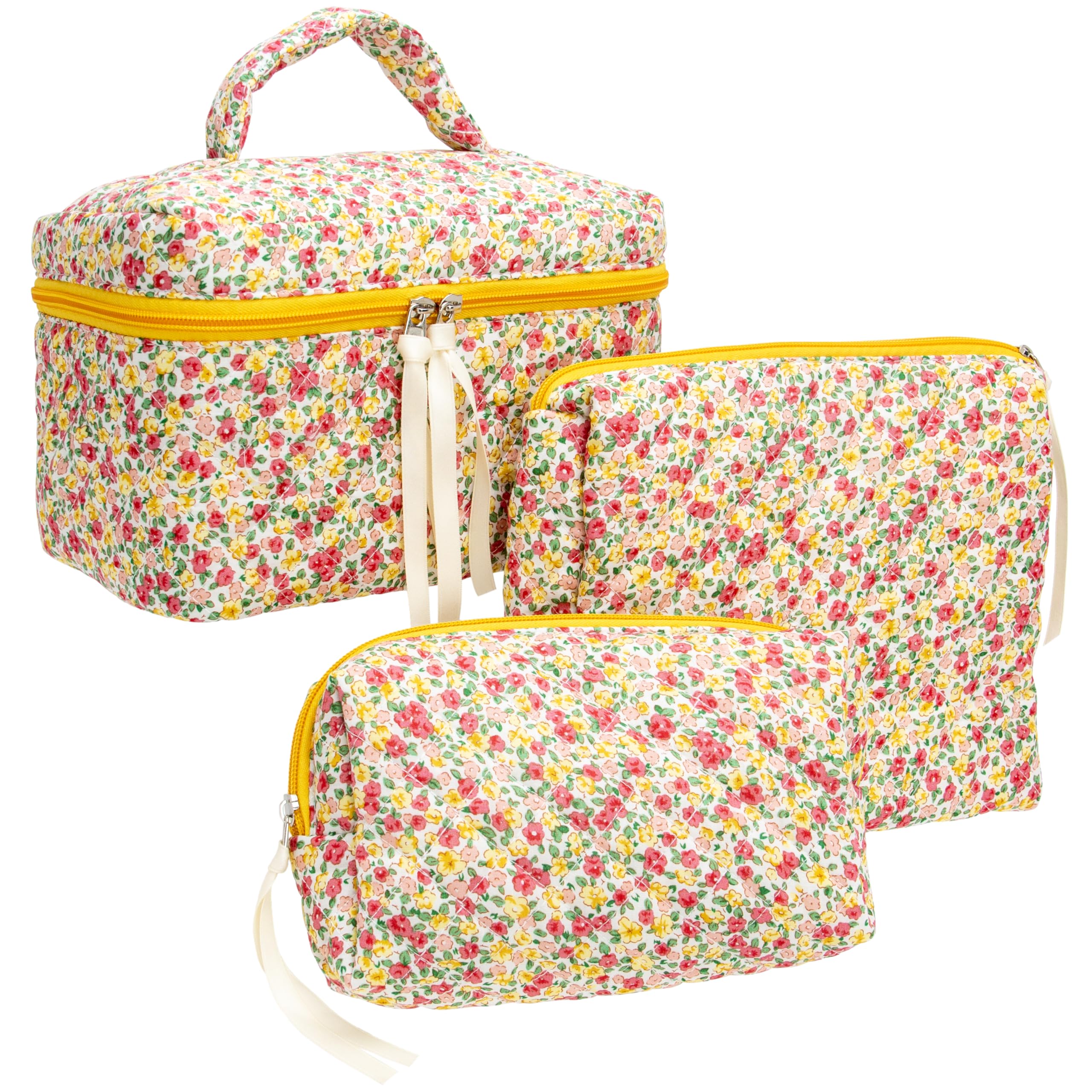 PAZIMIIK 3PCS Makeup Bag SET Large Travel Quilted Zipper Soft Cosmetic Case Pouch for Women Girls Make Up,Little Flower