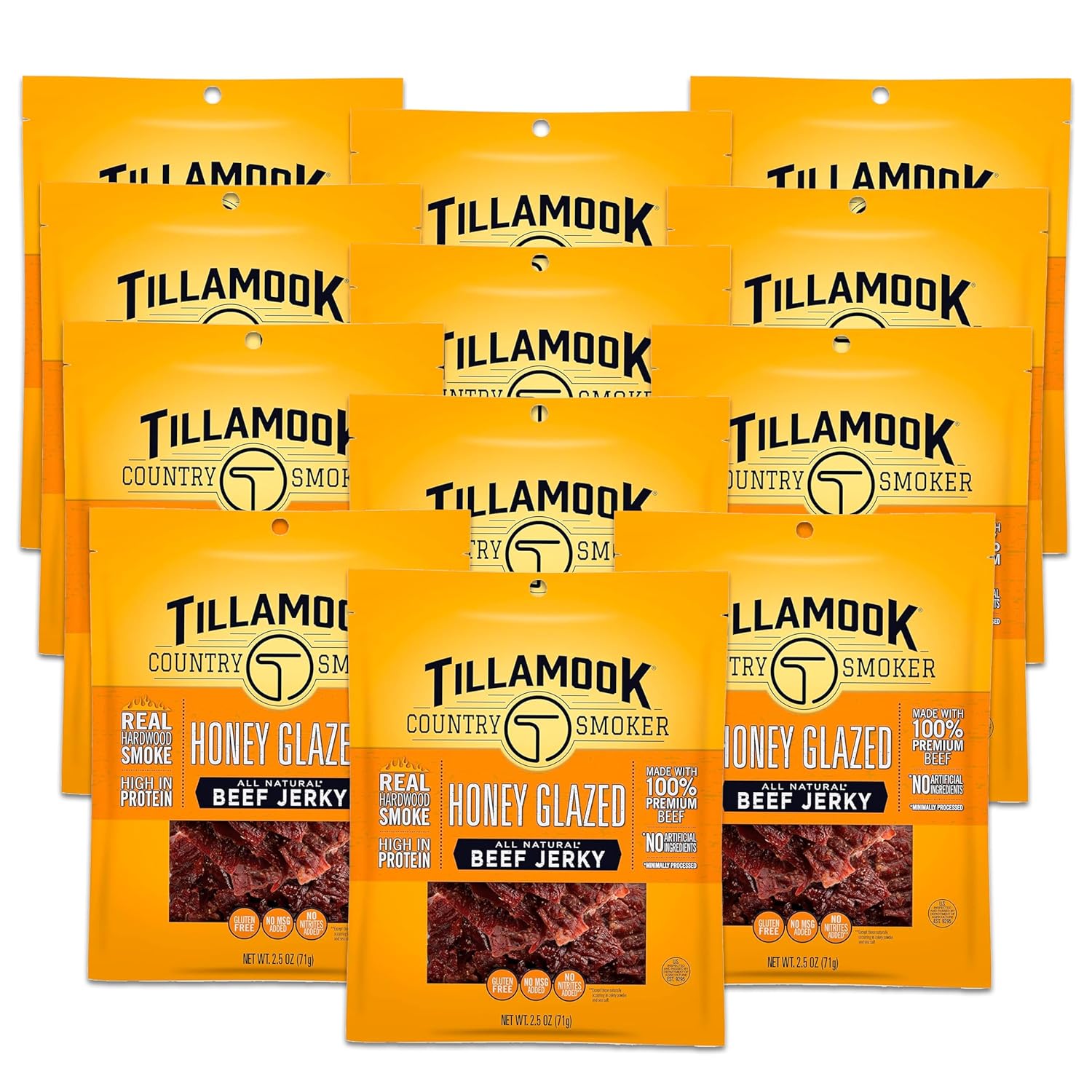 Tillamook Country Smoker Real Hardwood Smoked Beef Jerky, Honey Glazed, 2.5 Ounce (Pack of 12)