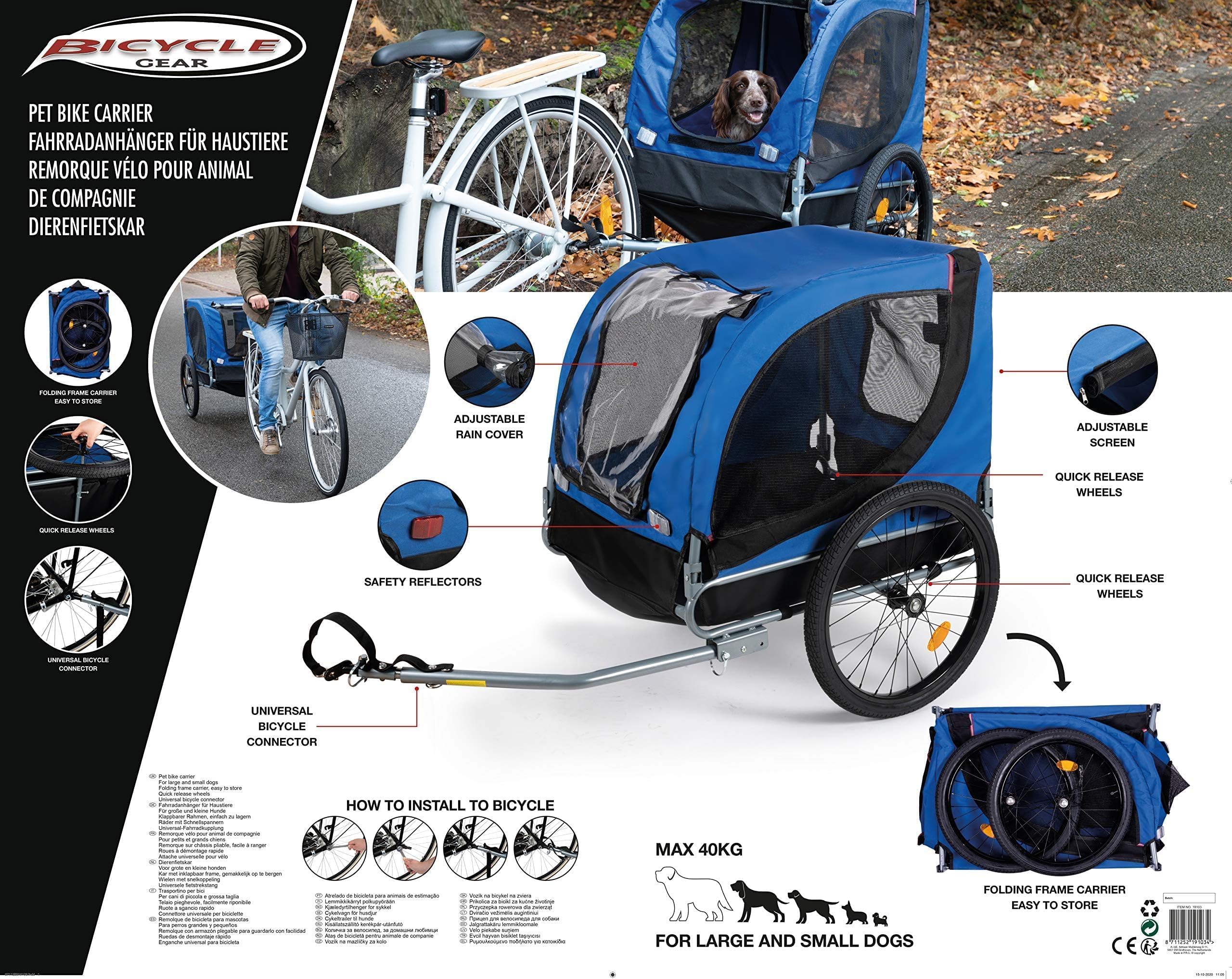 Velo Remorque Chien Pliable - Cariole Velo Chien Max. 40 KG - Remorque de Vélo pour Animaux de Compagnie - 75 x 52 x 65 cm - Bleu/Noir