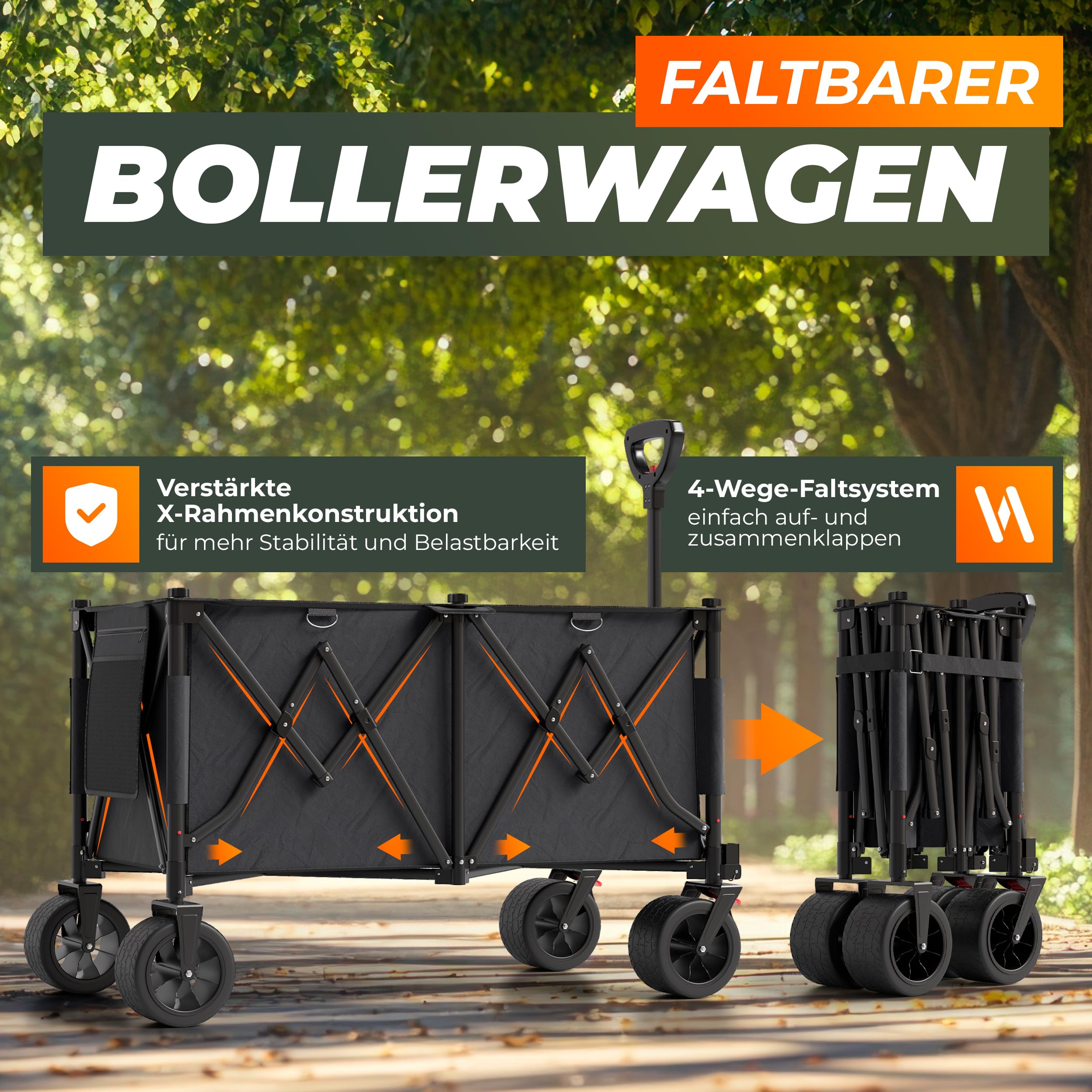 BigDean XXL Bollerwagen faltbar mit Dach 260L belastbar 150kg Dicke Reifen | Robuster Bollerwagen faltbar extra breite Reifen für jedes Gelände
