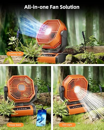 Miniatura 5 de MORIKO Ventilador de camping de 20000 mAh con linterna LED, ventilador de tienda de campaña con batería con control remoto y gancho, pivote de 270,