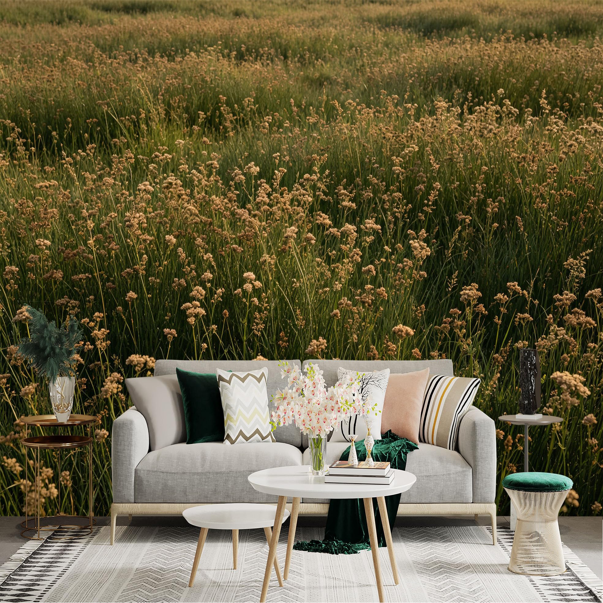 Lnzczhyre Dbh260521181 Custom Size Wall Sticker Mural， Sunset Meadow With Wildflowers， Golden Hour Field Landscape， Soft Lighting Nature Scenery， For Wall Decoration， Peelandstick Wall Decals.
