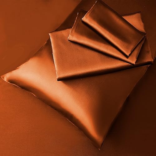 Miniatura 5 de Manyshofu Juego de sábanas de satén King de 4 piezas, juego de sábanas de satén suave y sedoso, juego de sábanas de satén naranja óxido,