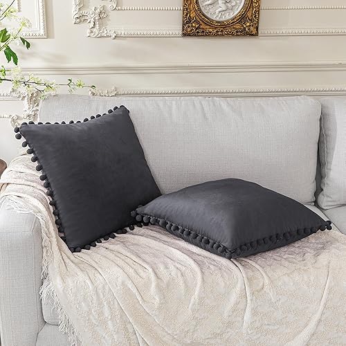 Juego de 2 fundas de almohada decorativas de terciopelo de 16 x 16 pulgadas, fundas de almohada con flecos, color gris oscuro, fundas de cojín