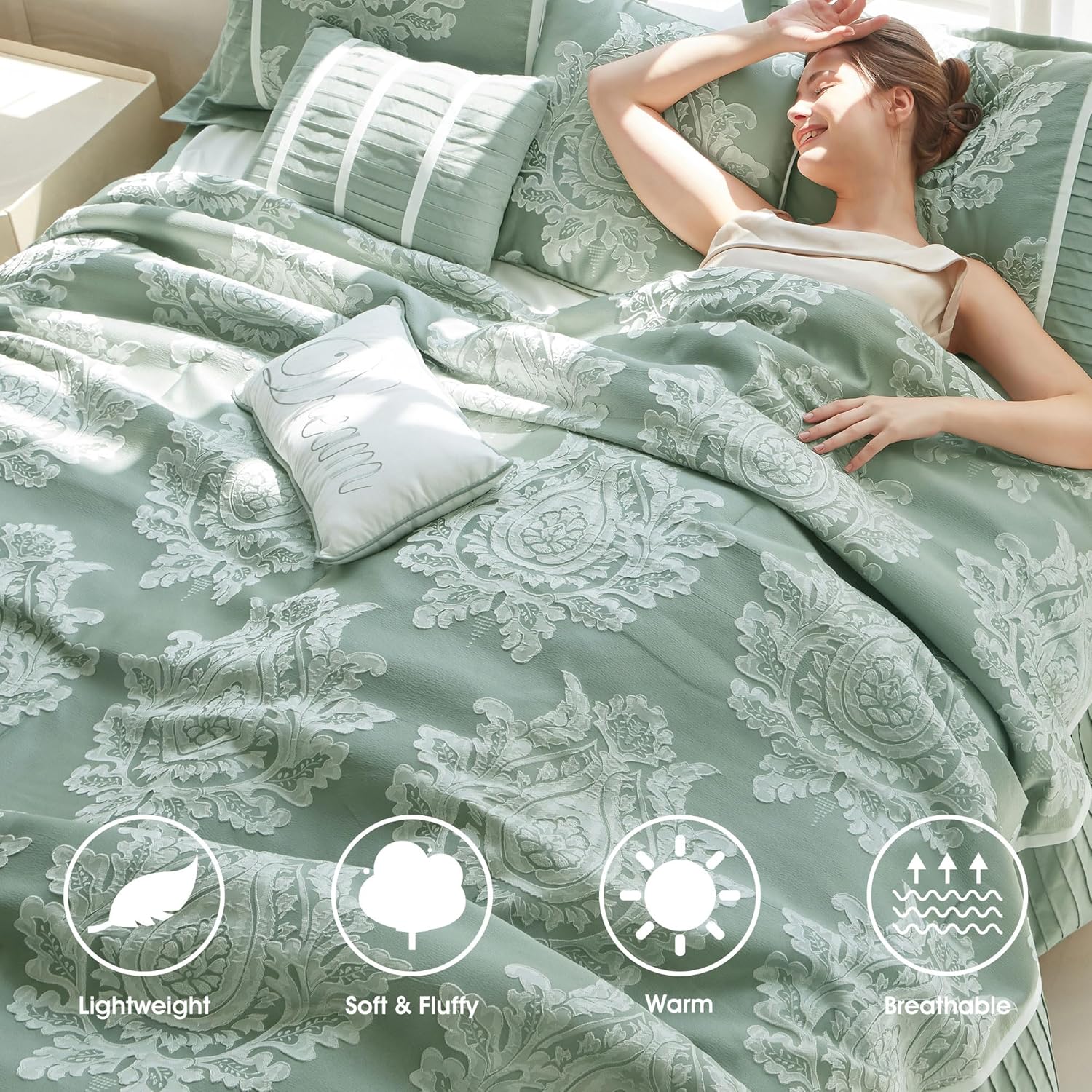 Sage Queen Comforter Set 7 Pieces, Jacquard Woven with Damask, Bedding Set in a Bag Includes Comforter, Bed Skirt, Pillow Shams, and Decorative Pillows