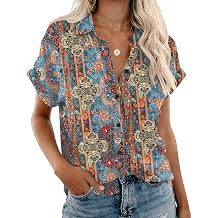 Rapbin Womens Button Down Shirt Short Sleeve Casual Blouse Shirts V Neck Collared Tops