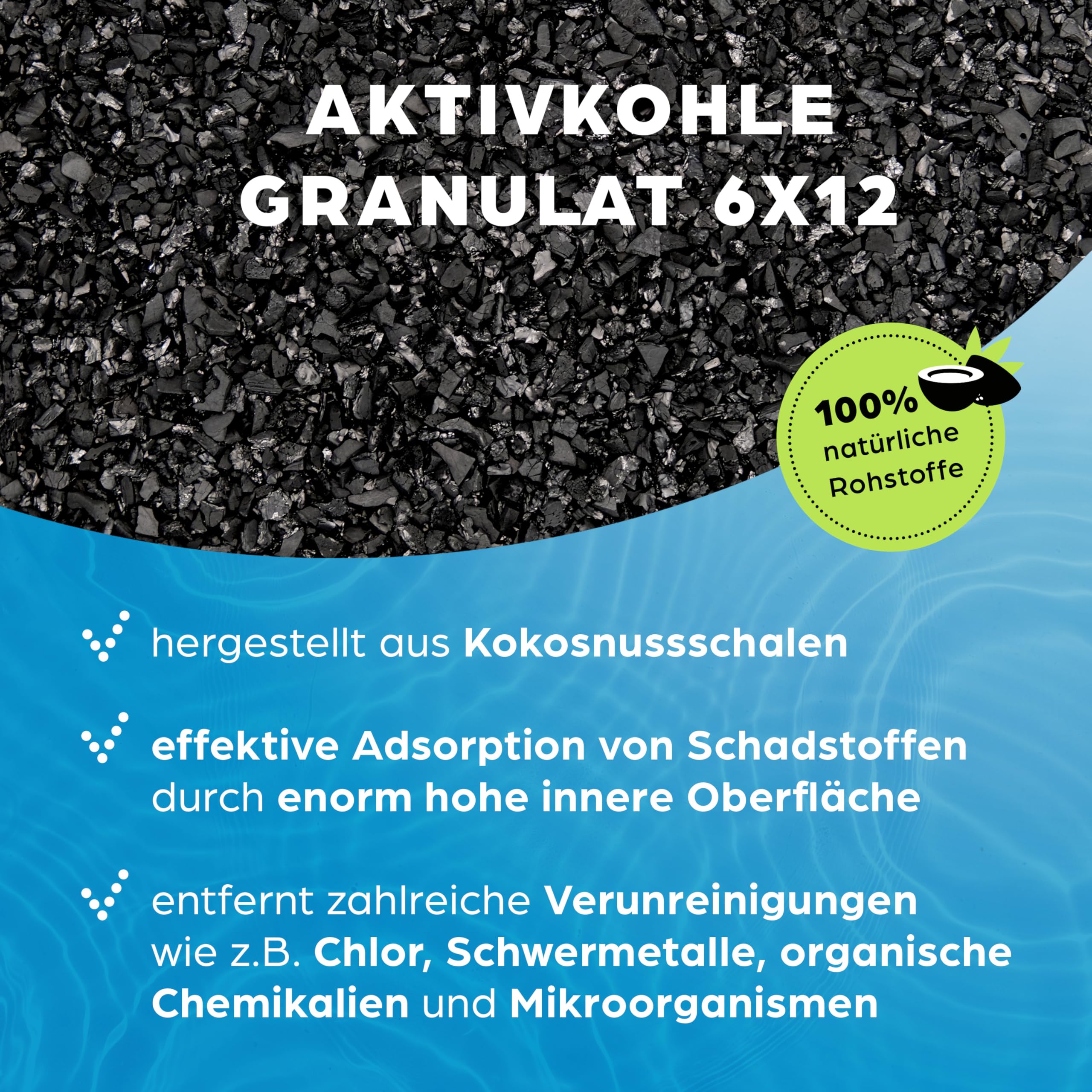 Granulés de charbon actif en coquilles de noix de coco pour filtre à eau d'aquarium et étang, maille 8 x 30, grain 2,36-0,6 mm, classe énergétique A, utilisable comme filtre à carbone 10 l