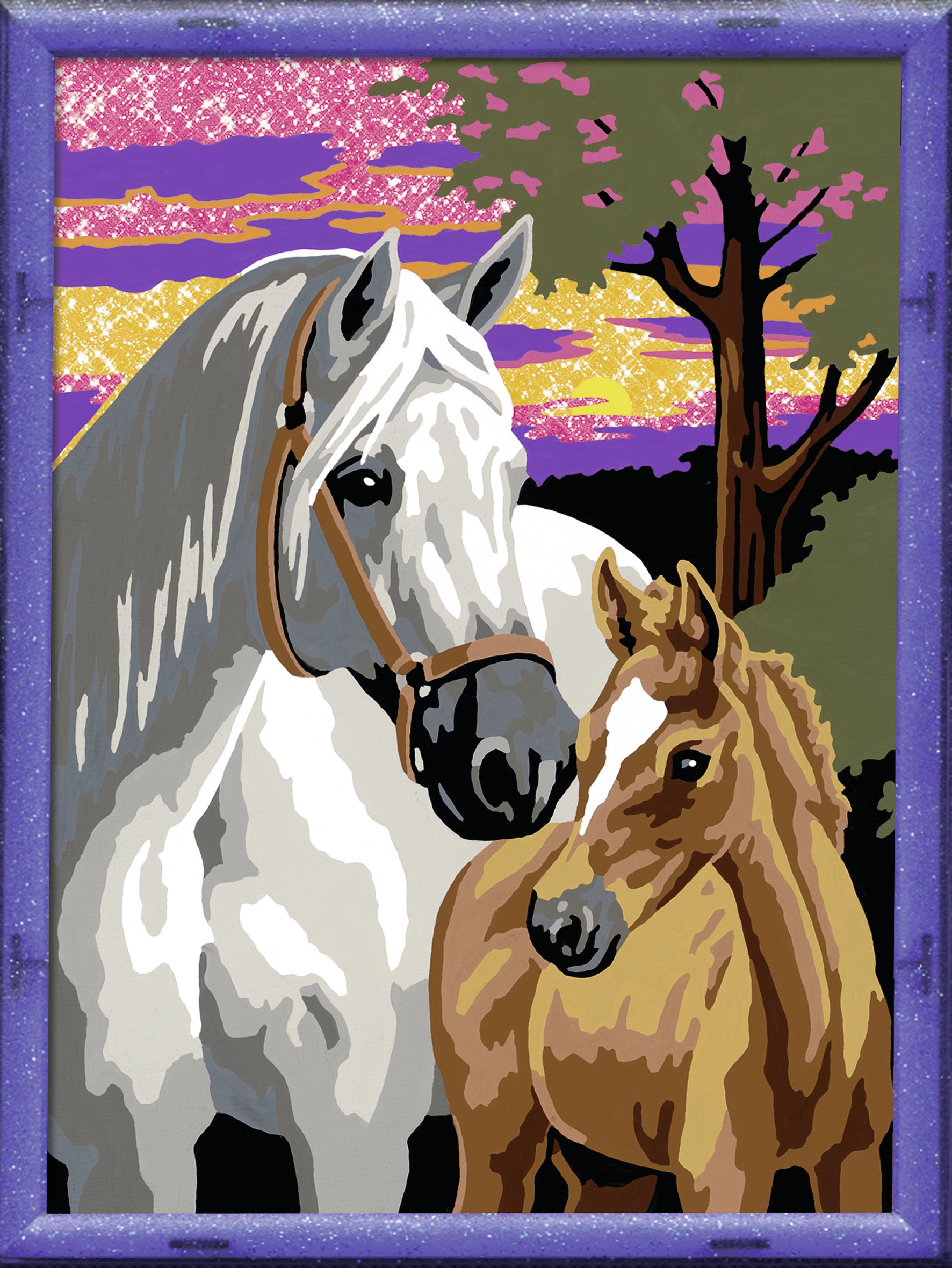 Ravensburger Numero d'Arte Medio Formato - Cavalli al Tramonto - Tempo Libero - Kit di Pittura con Numeri - con Effetto Scintillante - a Partire dai 9 Anni - 28598 - Versione Francese, Multicolore,