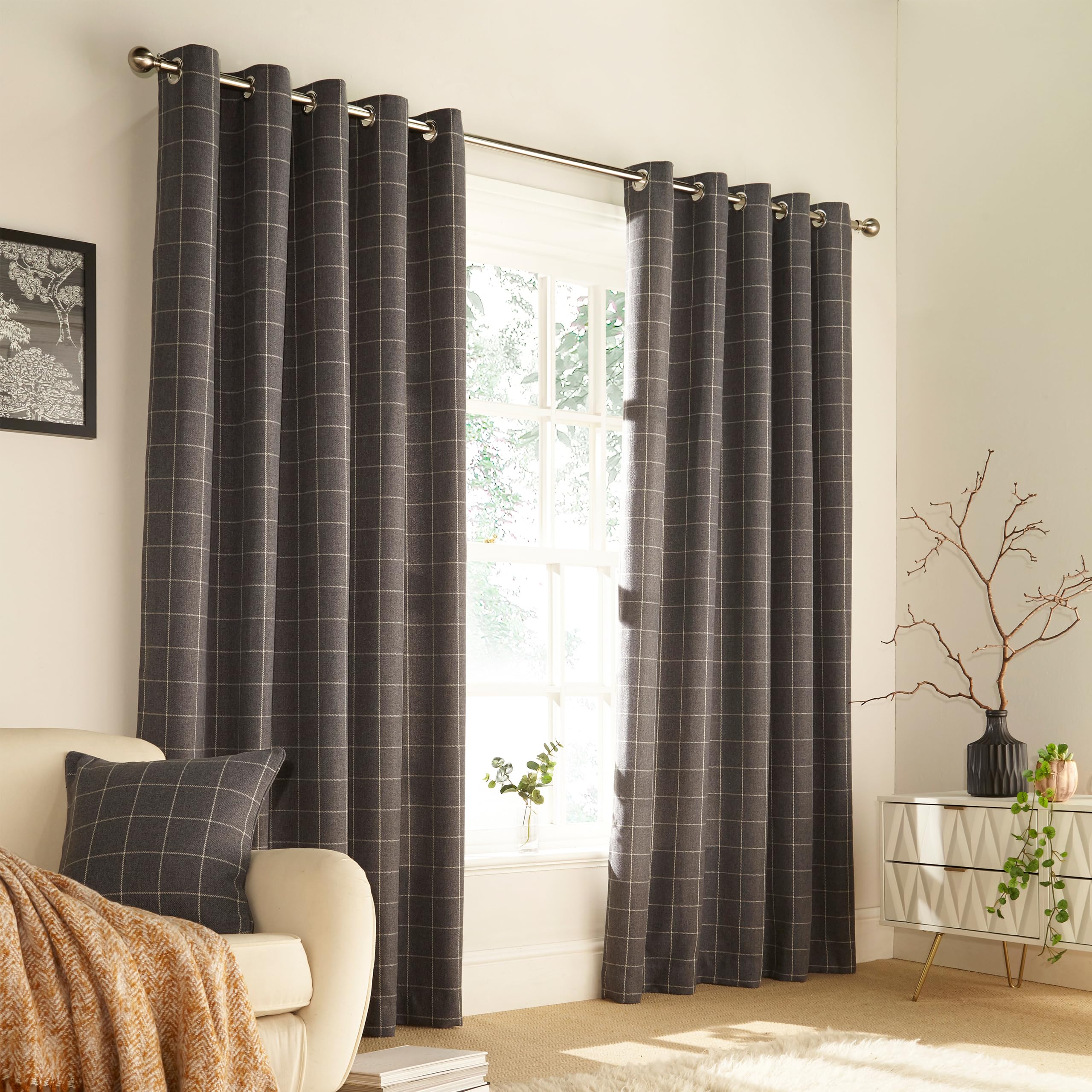 Furn Ellis Windowpane Check Eyelet Curtains - Grey - Wool - 229cm x 183cm