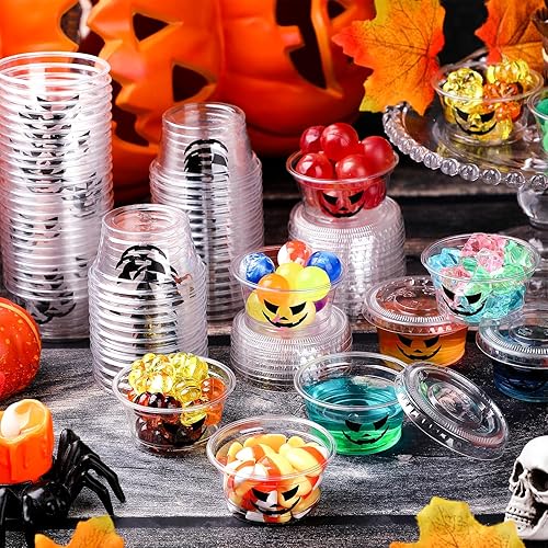 Miniatura 6 de 150 vasos de gelatina de 2 onzas con tapas, divertido diseño de Jack O Lantern para Halloween, Navidad, Acción de Gracias, despedida de soltera