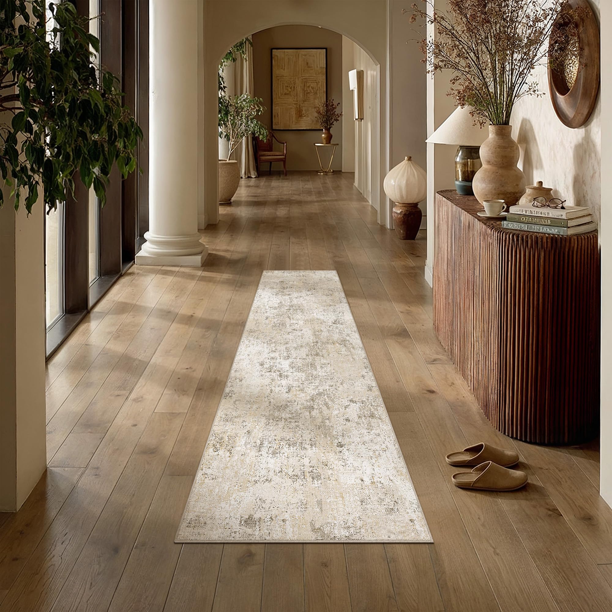 PureCozy Hallway Runner Rug 60x240cm Beige Washable Non Slip Abstract Natural Neutral Modern Long Carpet Runners Lounge Bedside Kitchen Bedroom Low Pile Carpets