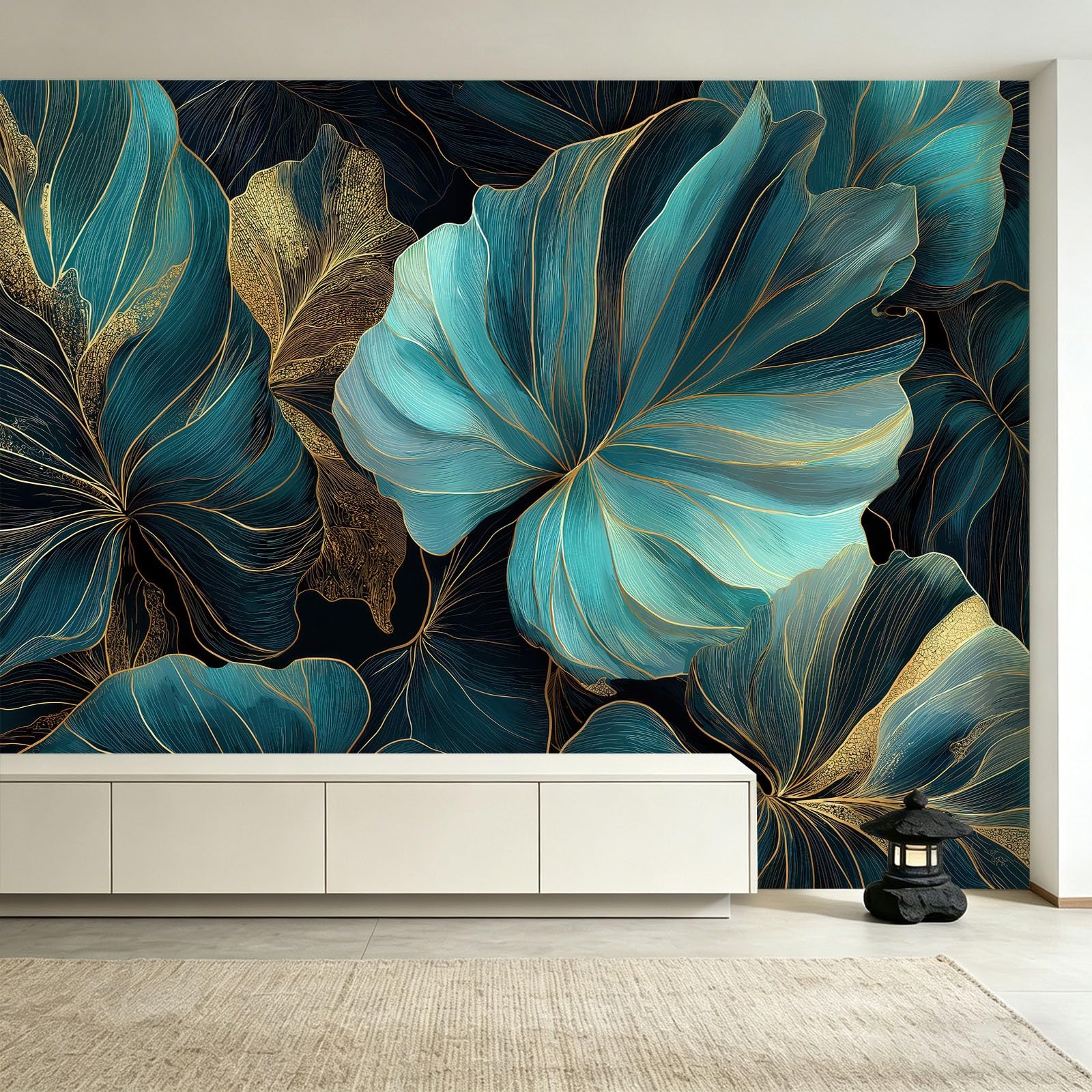 Fototapeta do salonu, rośliny, liście, złote linie, 300 x 210 cm, nowoczesny design, druk 3D, tapeta na flizelinę, tapeta ścienna do sypialni, pokoju dziecięcego, tło TV, tapeta z włókniny