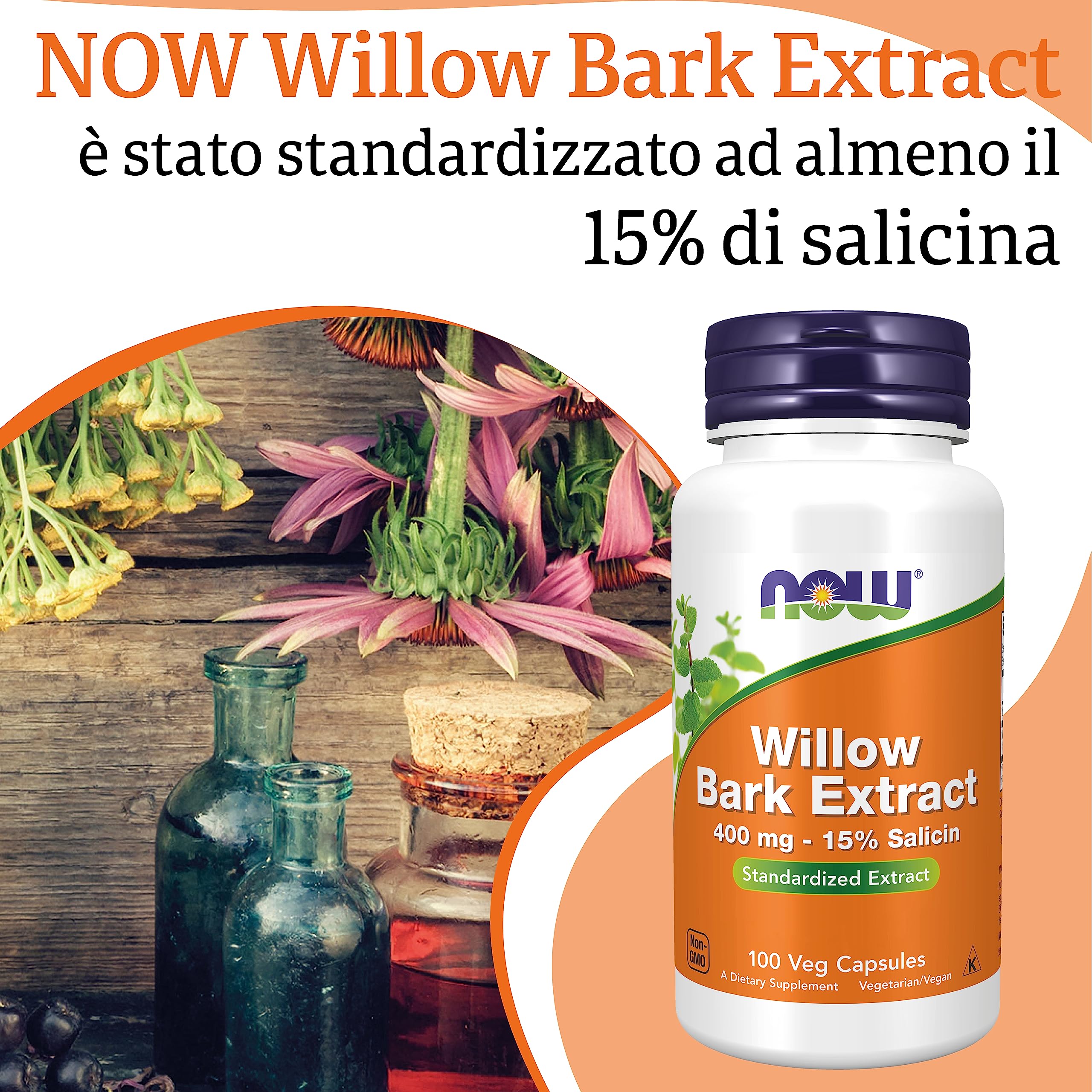 Now Foods, Willow Bark Extract (Estratto di Corteccia di Salice), 400mg, 100 Capsule vegane, Testato in Laboratorio, Senza Soia, Senza Glutine, non OGM