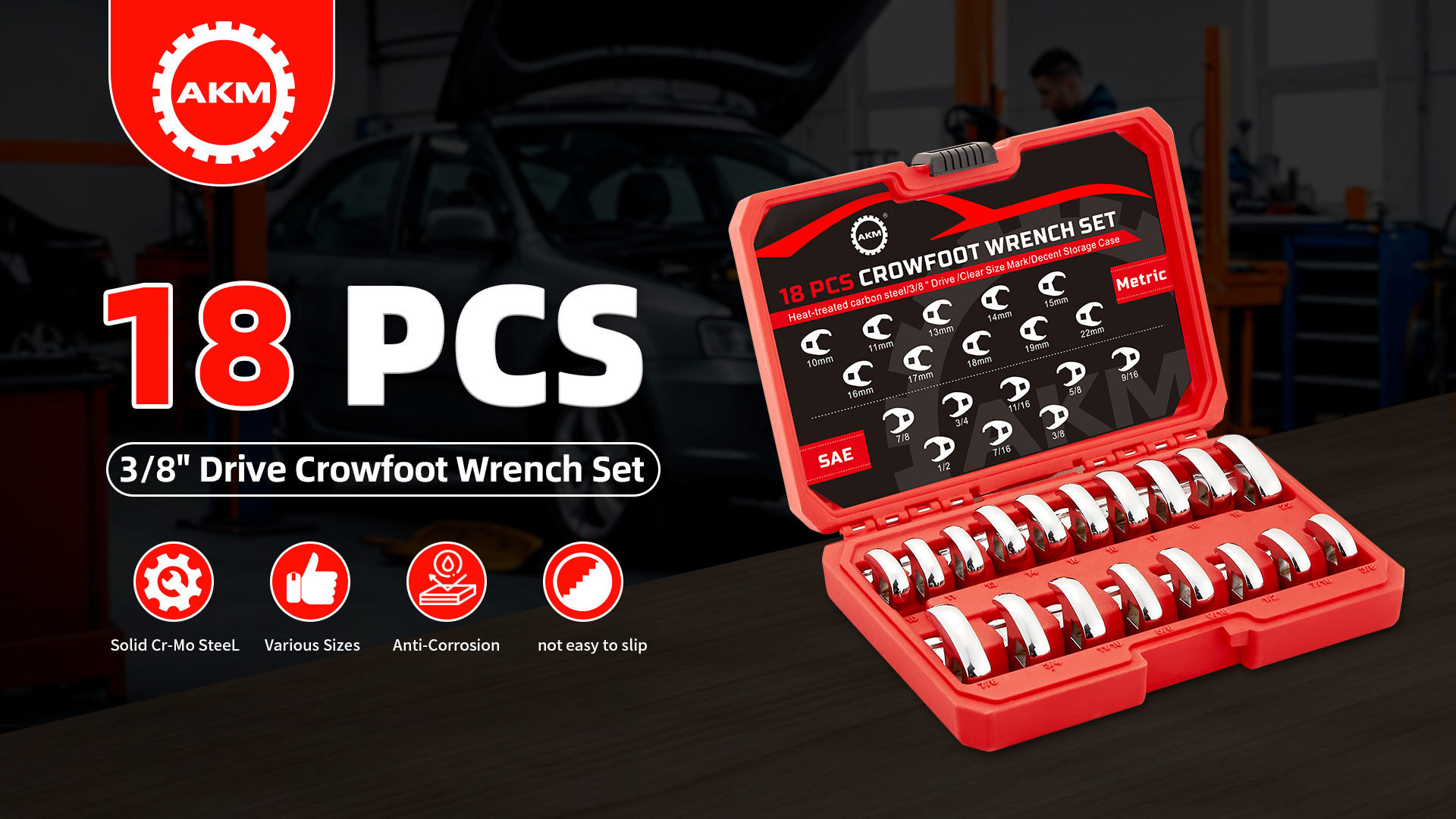 AKM 18PCS Crows Foot Wrench Set, 3/8