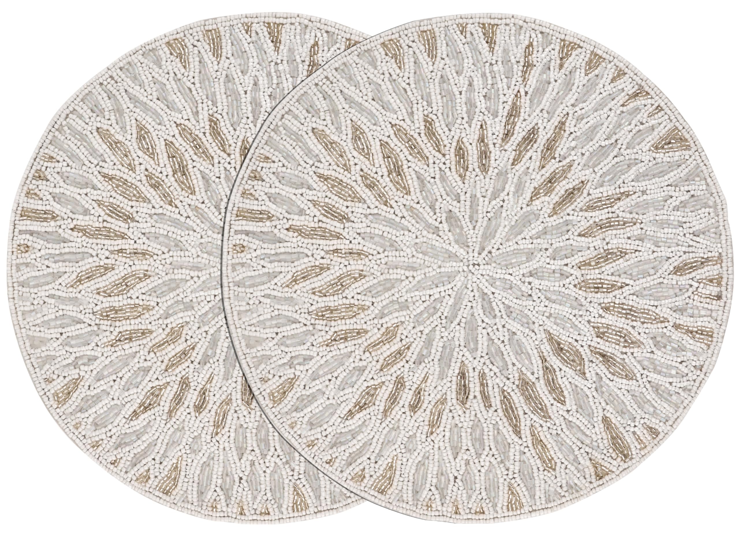 Cleentable Tortilla White Silver Beaded Placemats For Dining Table 13 Inches Round Beaded Placemats Set Of 2 For Gathering Thanksgiving - Occasional Decoration And Family Parties Celebrations (White Silver)