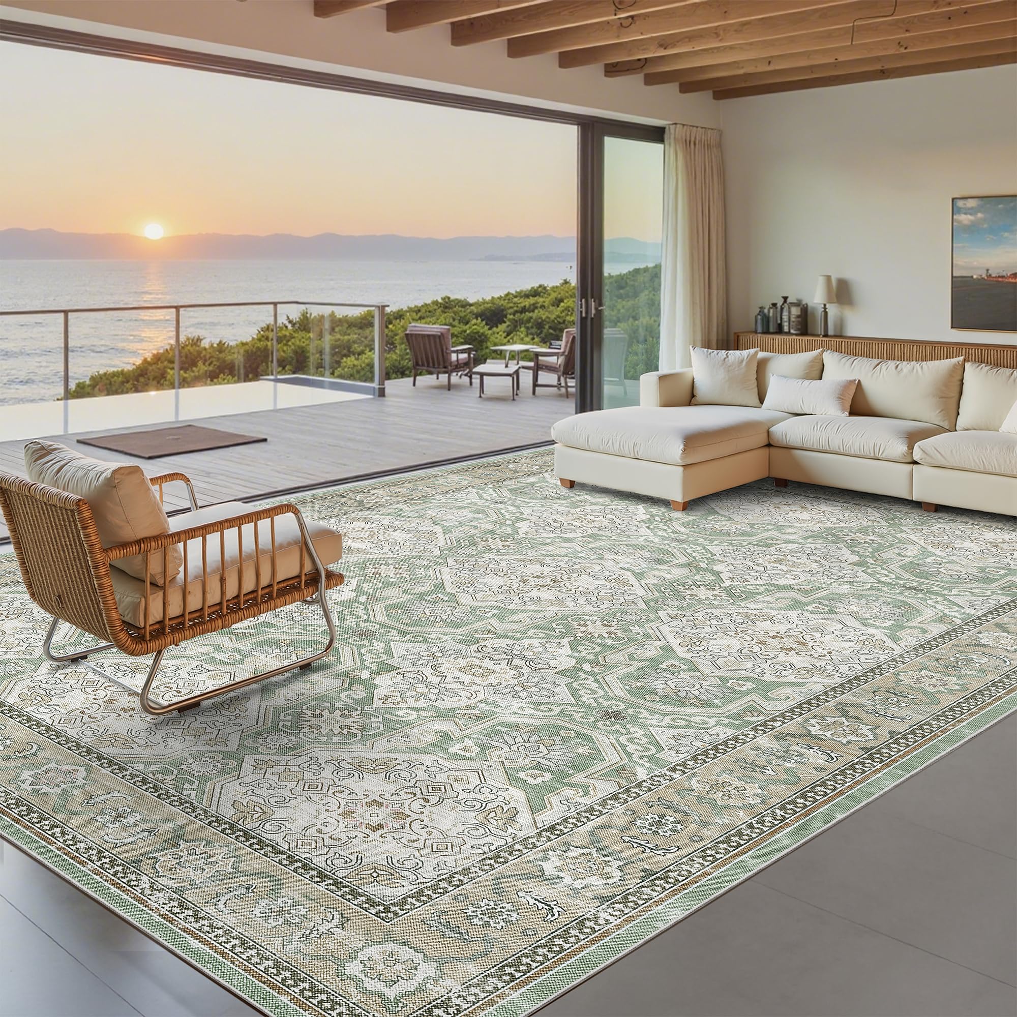 Washable 8x10 Rug, Bohemian Living Room Area Rug, Large Stain Resistant Boho Rug for Bedroom, Non-Slip Vintage Persian Geometric Floor Carpet for Kitchen Dining Room (Green, 8'x10')