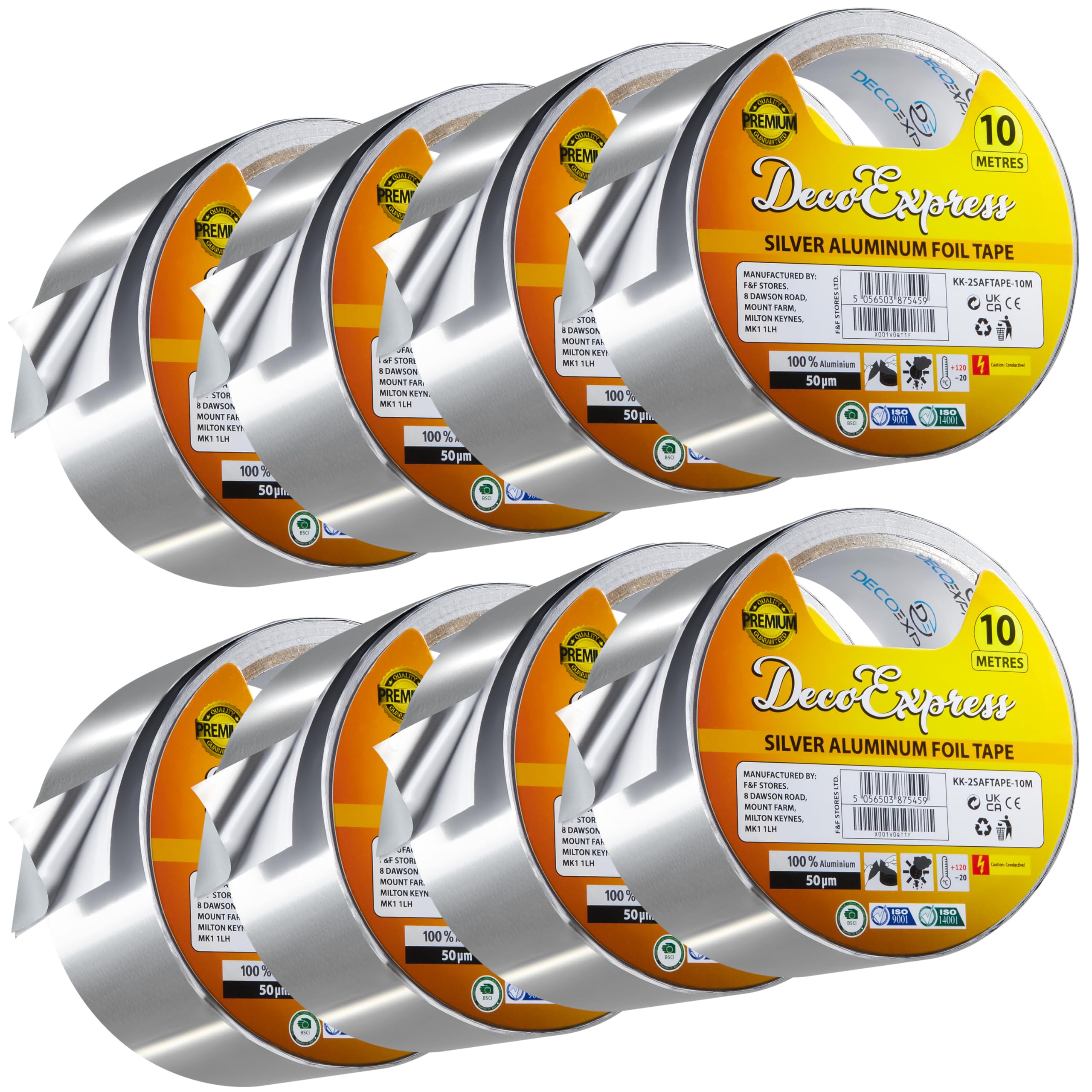 DECO EXPRESS Aluminium Foil Tape Adhesive Insulating Sealer 4.5cm x 10m/25m/50m Heat Resistant Waterproof Insulation Tape (10 M, 8 Pcs)