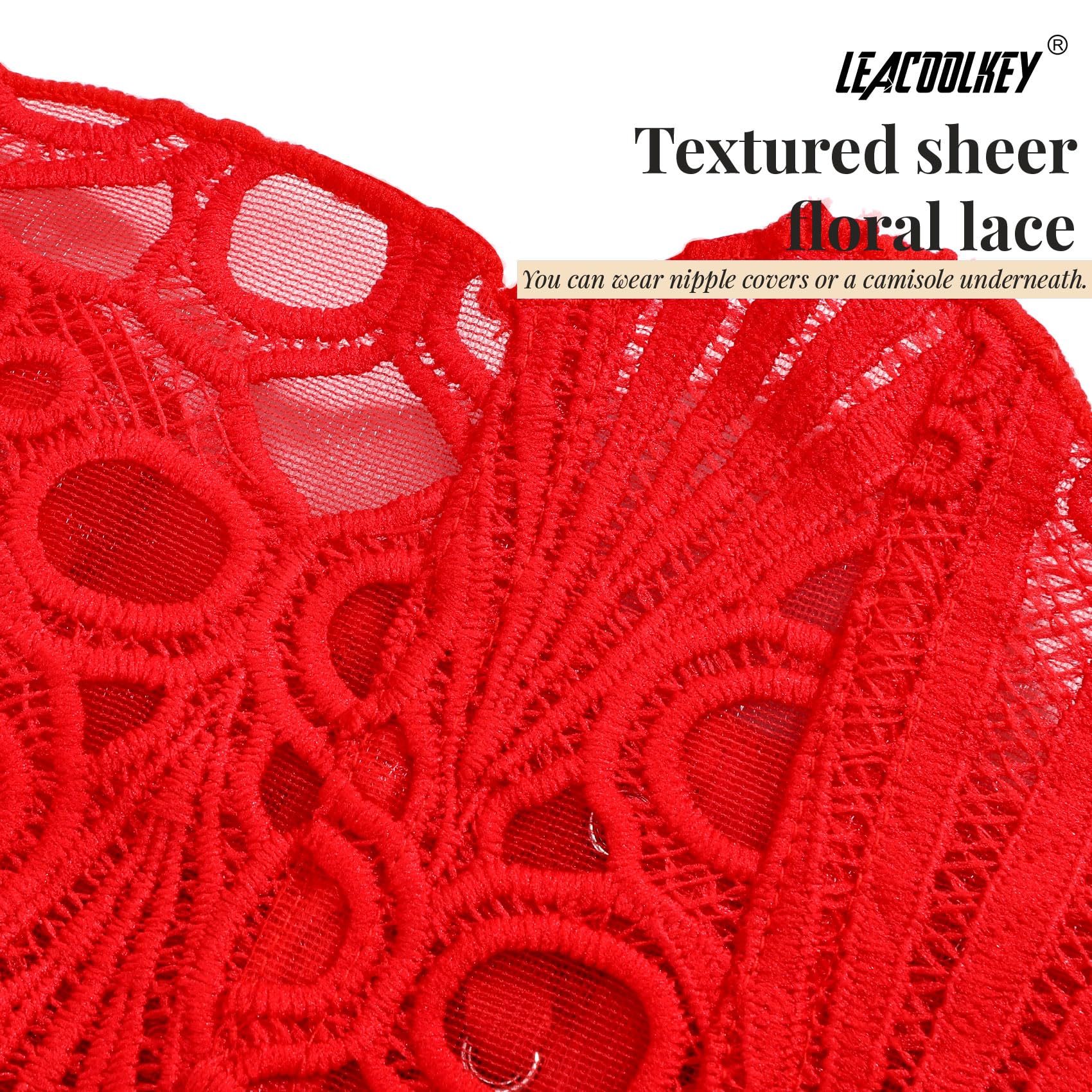 LEACOOLKEY Corpetto Corsetto in Pizzo Floreale Trasparente con Lacci per Donna Top,Rosso,S