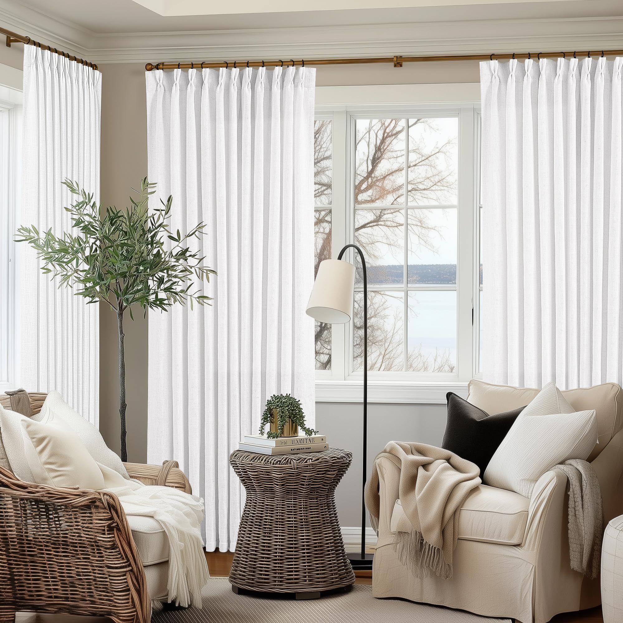 TWODRAPES Snow White Pinch Pleat Semi Sheer Linen Curtains W70xL84 1 Panel