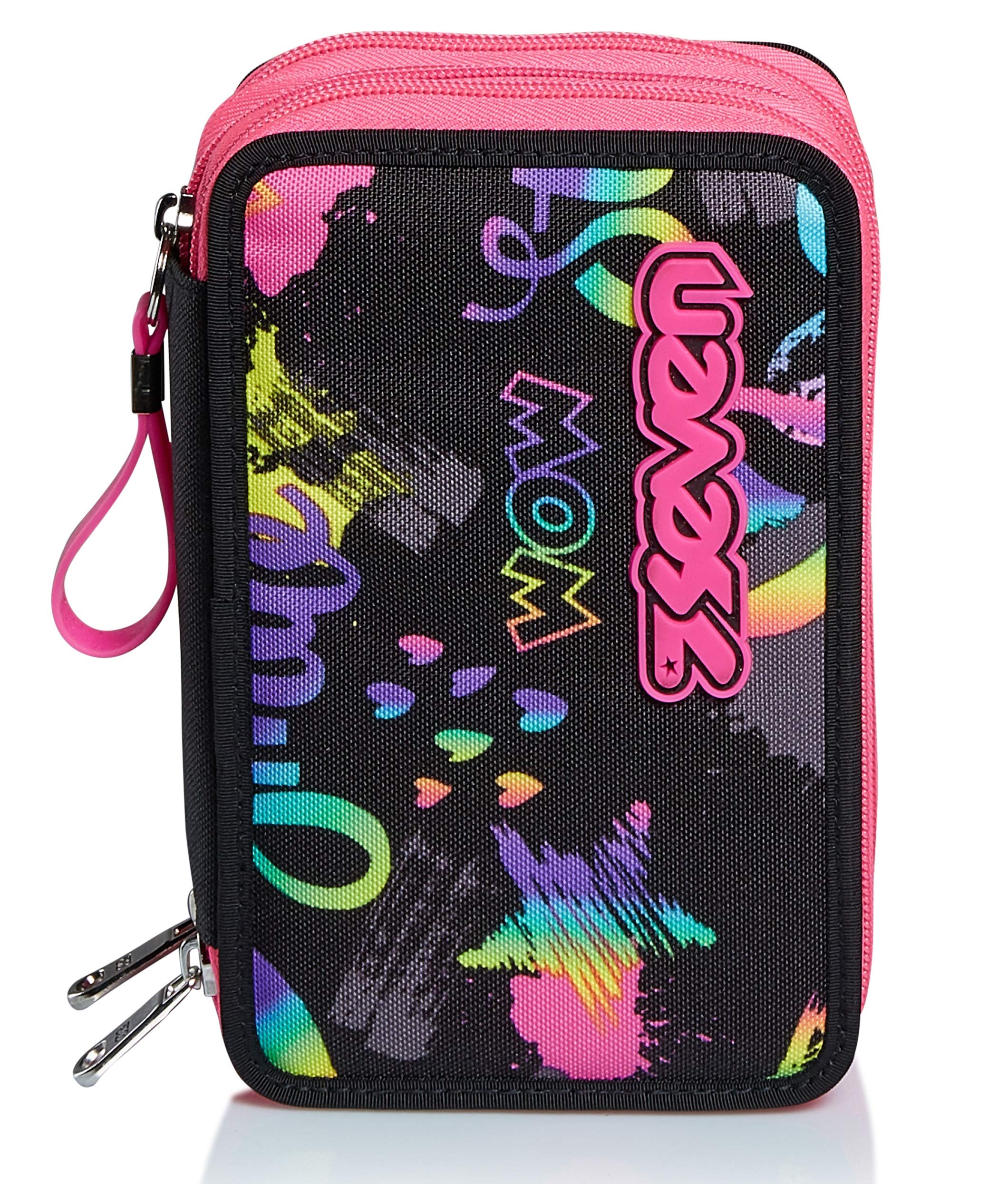 Seven Zaino Scuola Extra Fit, Nero Fantasia, Iridescent, Zaino Doppio Scomparto Super Capiente & Astuccio Scuola 3 Zip, Nero Fucsia, Iridescent