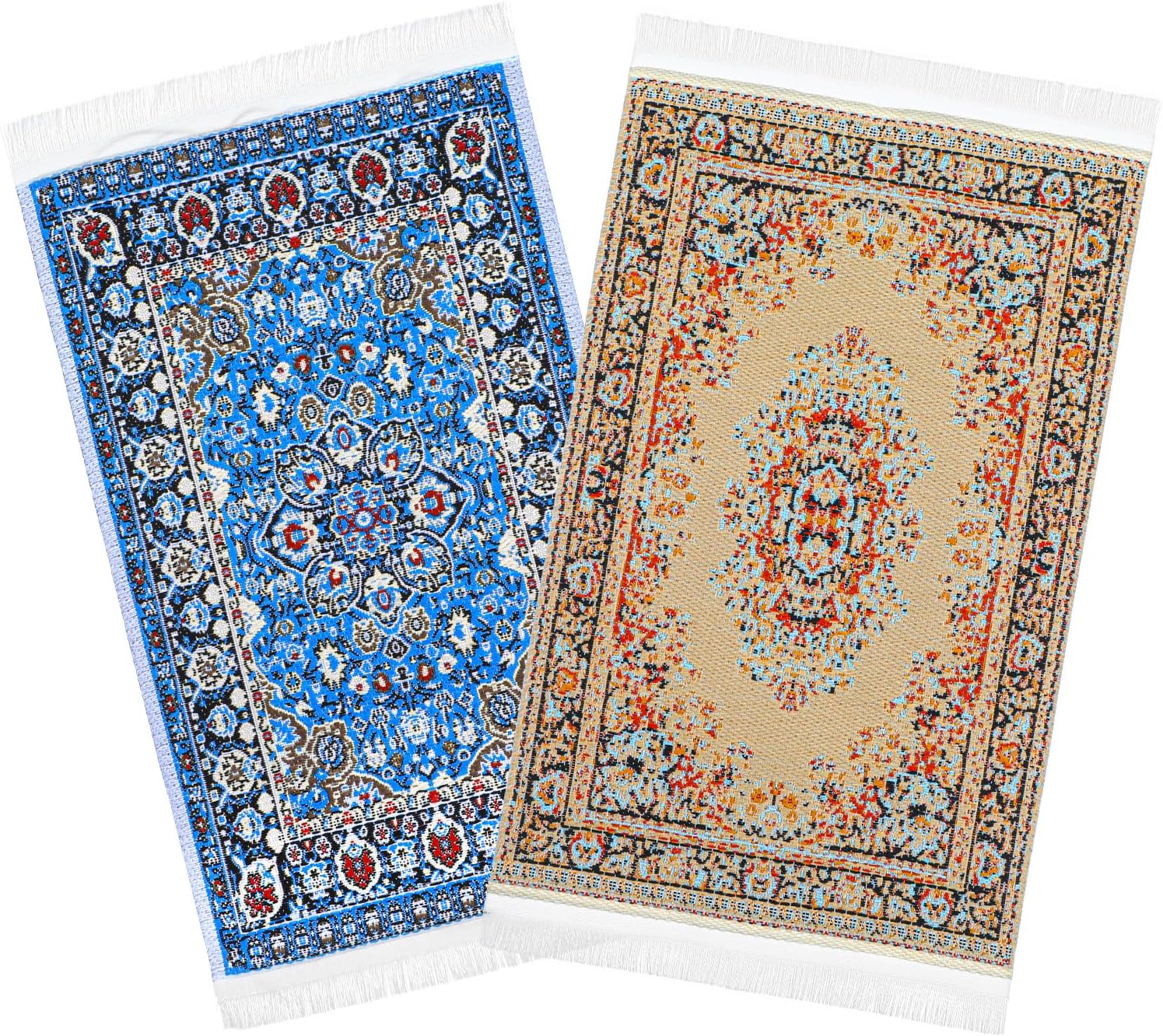 Dollhouse Rug 2 PCS Miniature Dollhouse Accessories 1:12 Scale Vintage Doll House Rugs Woven Mini Rug for Dollhouses Furniture Blue & Yellow Floral Print Carpet for Doll House Floor Decor - Image 8