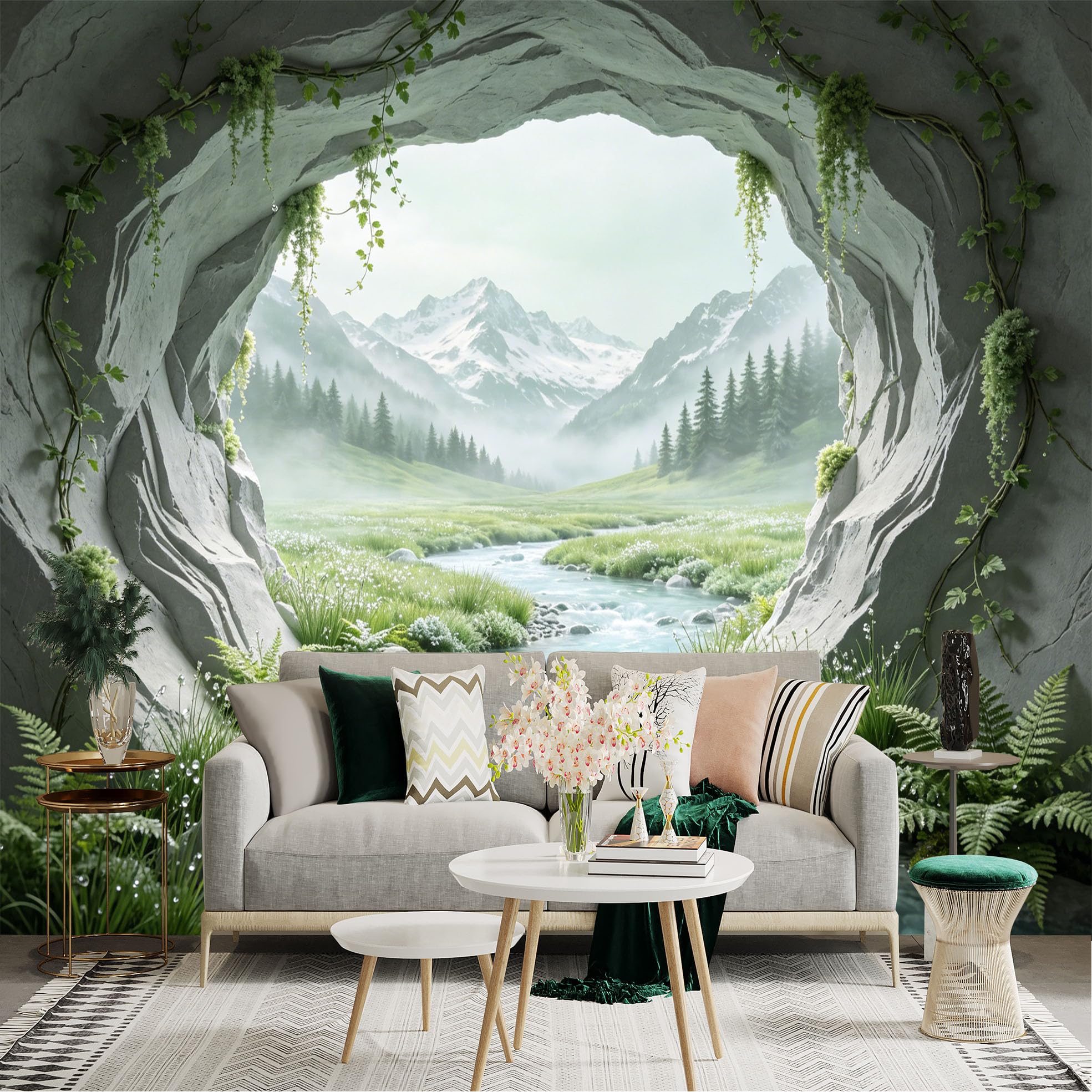 Custom Size Wall Sticker Mural， Mountain Valley River View from Cave with Greenery and Snow Peaks， for wall Decoration， peelandstick wall Decals.