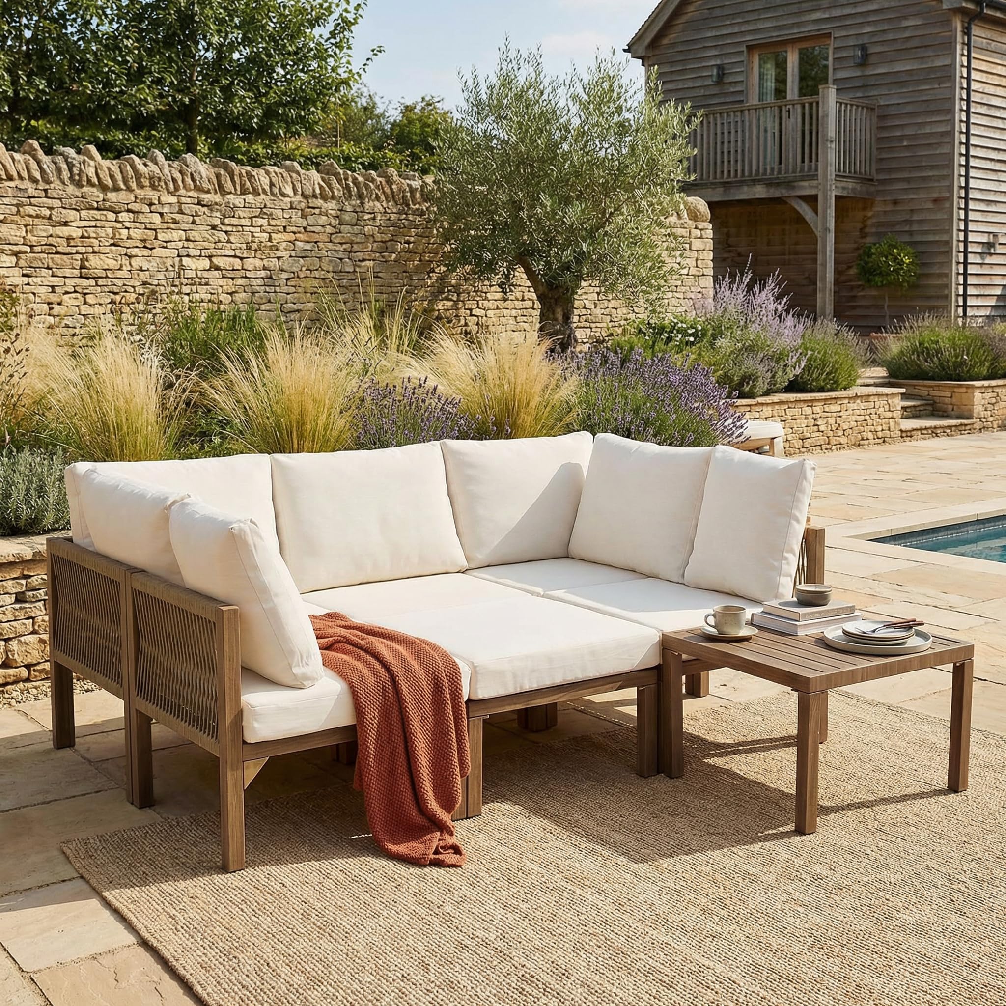 Salon de jardin - Canapé d'angle - Lit relax d'extérieur, table à manger - Peut être transformé en lit allongé - Canapé modulaire - Beige