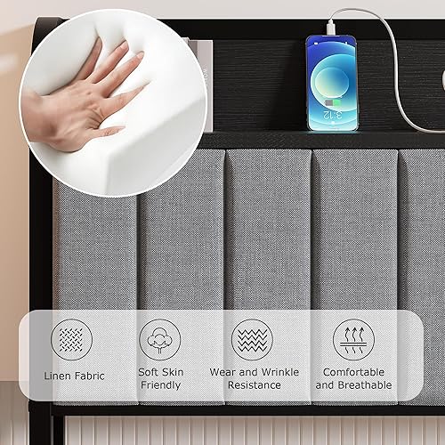 Miniatura 40 de VECELO Base de cama tamaño matrimonial con cabecera tapizada, plataforma resistente con listones de metal fuertes, no necesita somier, fácil Lino y