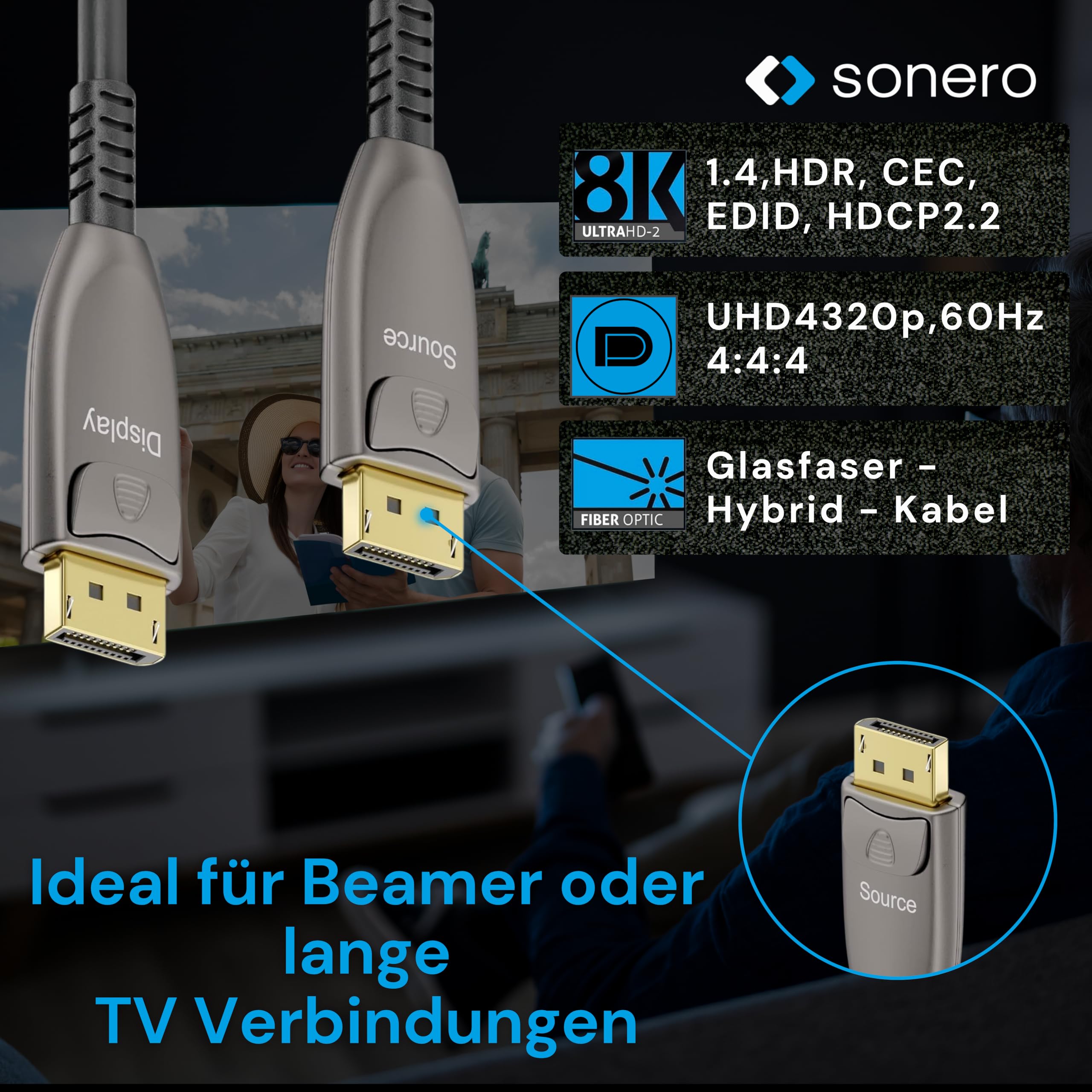 Sonero® Cavo 8K-DisplayPort 1.4, cavo ibrido in fibra ottica, risoluzione fino a 8K 60 Hz (7680 x 4320) / 4K 120Hz (3840 × 2160), supporto HDR e DSC, antracite, 20 metri
